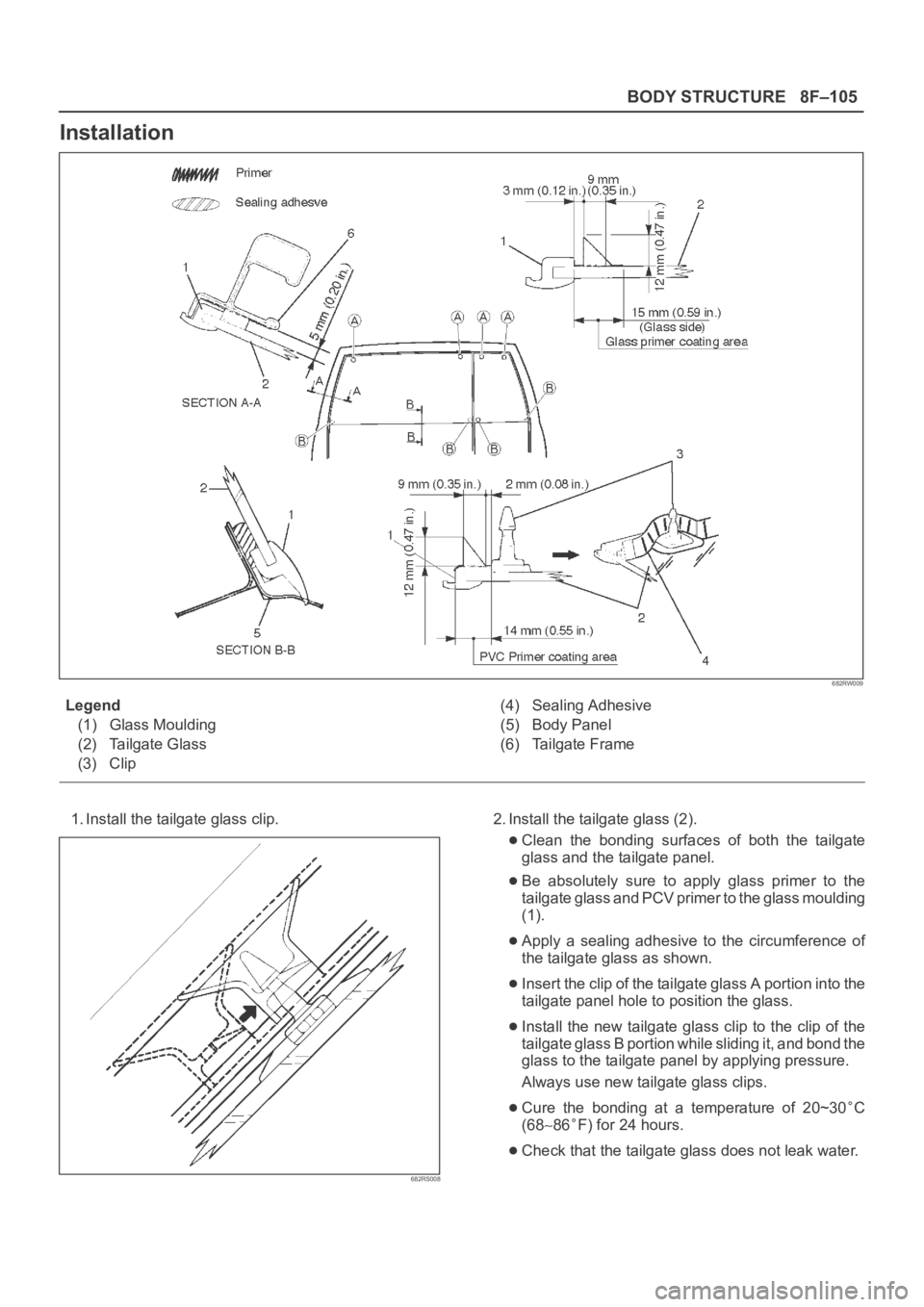 OPEL FRONTERA 1998  Workshop Manual 8F–105 BODY STRUCTURE
Installation
682RW009
Legend
(1) Glass Moulding
(2) Tailgate Glass
(3) Clip(4) Sealing Adhesive
(5) Body Panel
(6) Tailgate Frame
1. Install the tailgate glass clip.
682RS008
2
