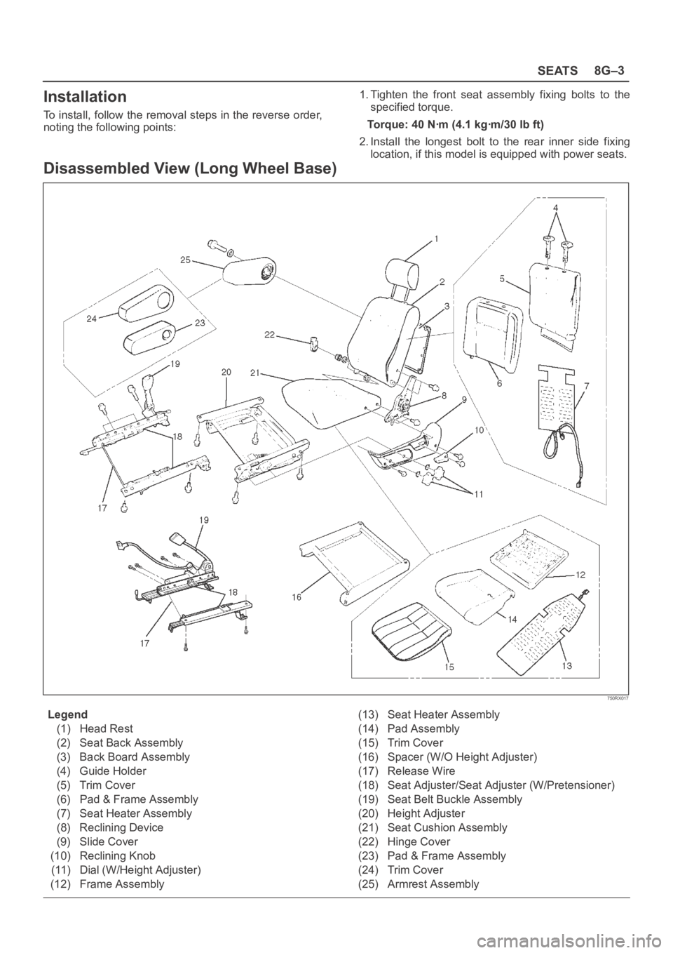 OPEL FRONTERA 1998  Workshop Manual SEATS8G–3
Installation
To install, follow the removal steps in the reverse order,
noting the following points:1. Tighten  the  front  seat  assembly  fixing  bolts  to  the
specified torque.
Torque: