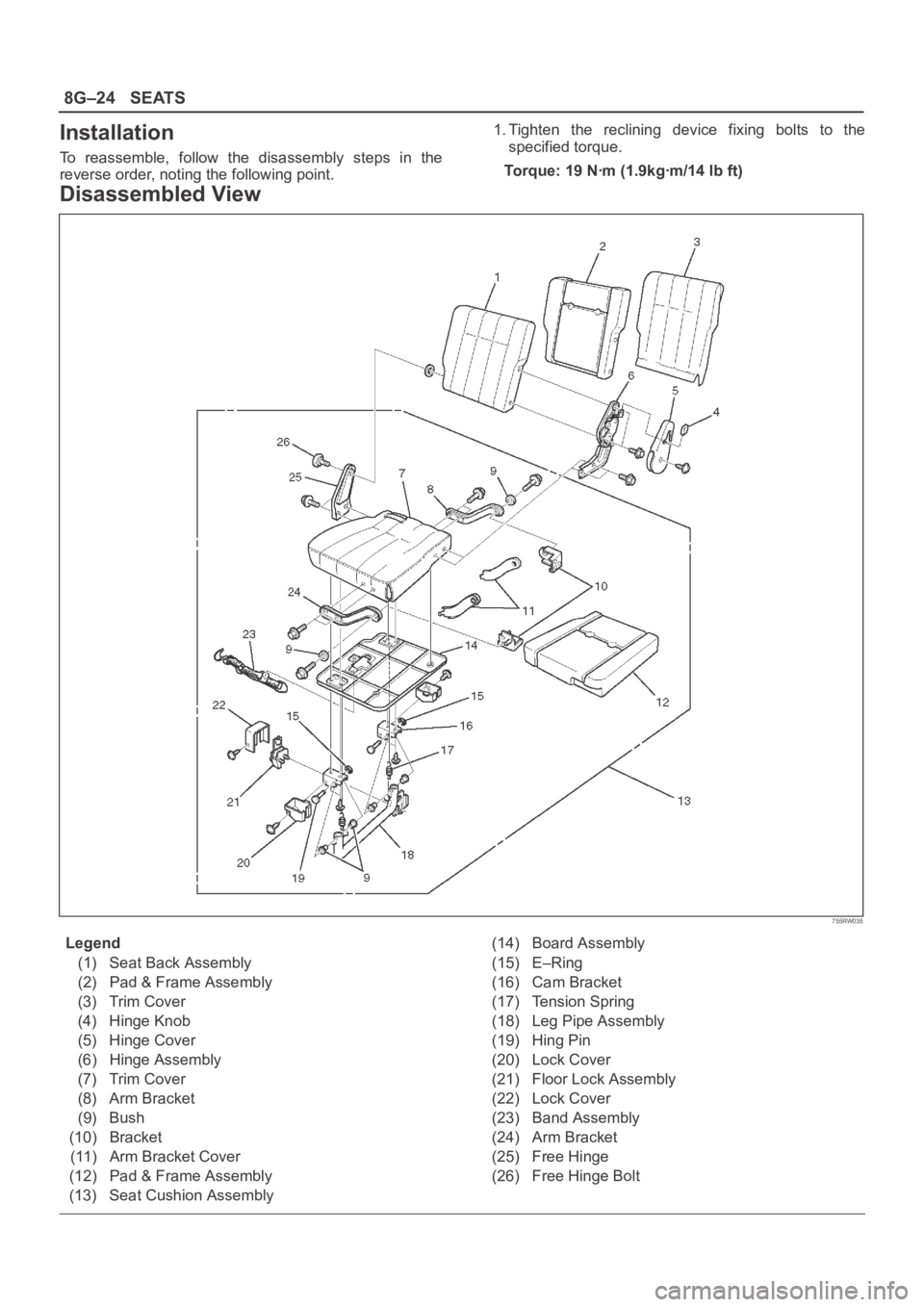OPEL FRONTERA 1998  Workshop Manual 8G–24SEATS
Installation
To  reassemble,  follow  the  disassembly  steps  in  the
reverse order, noting the following point.1. Tighten  the  reclining  device  fixing  bolts  to  the
specified torqu