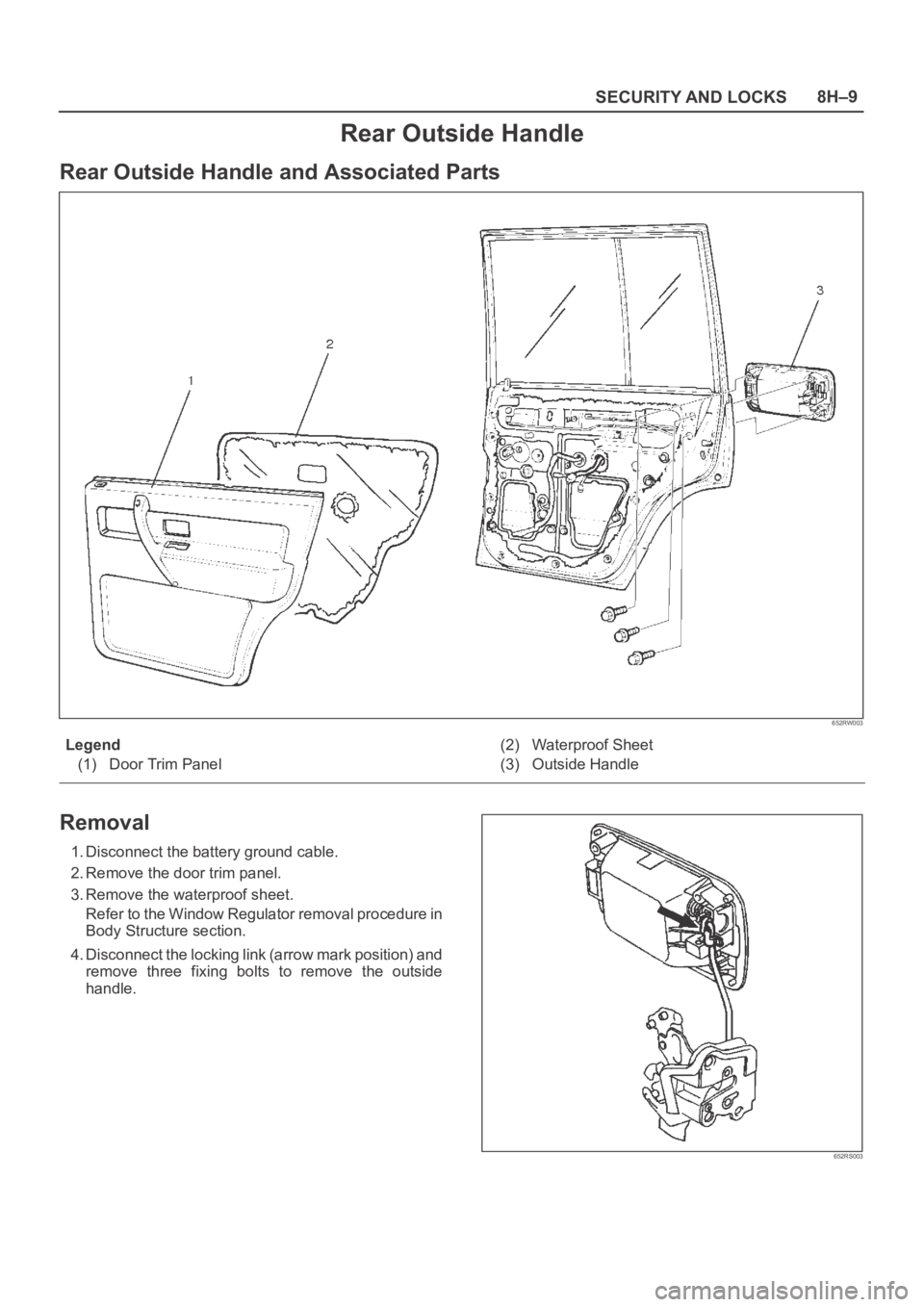 OPEL FRONTERA 1998  Workshop Manual SECURITY AND LOCKS8H–9
Rear Outside Handle
Rear Outside Handle and Associated Parts
652RW003
Legend
(1) Door Trim Panel(2) Waterproof Sheet
(3) Outside Handle
Removal
1. Disconnect the battery groun