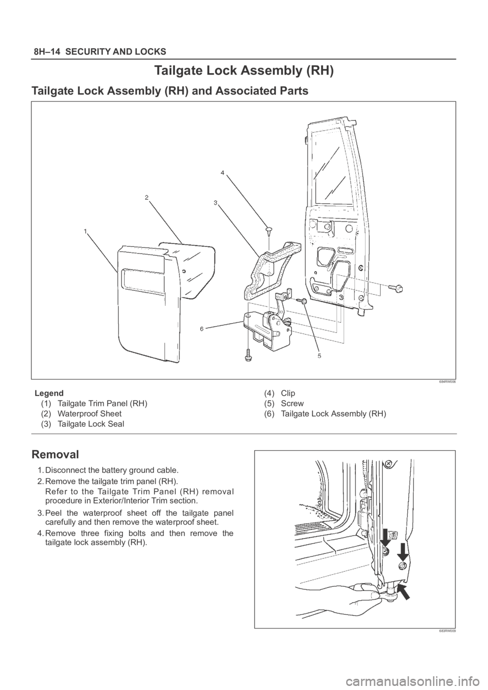 OPEL FRONTERA 1998  Workshop Manual 8H–14SECURITY AND LOCKS
Tailgate Lock Assembly (RH)
Tailgate Lock Assembly (RH) and Associated Parts
684RW006
Legend
(1) Tailgate Trim Panel (RH)
(2) Waterproof Sheet
(3) Tailgate Lock Seal(4) Clip
