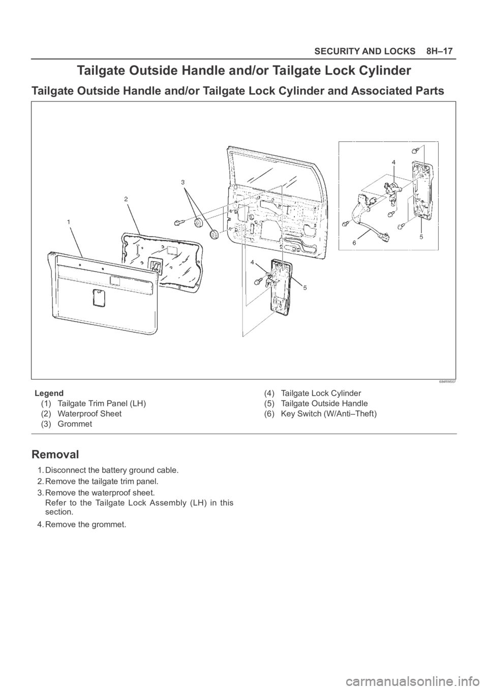 OPEL FRONTERA 1998  Workshop Manual SECURITY AND LOCKS8H–17
Tailgate Outside Handle and/or Tailgate Lock Cylinder
Tailgate Outside Handle and/or Tailgate Lock Cylinder and Associated Parts
684RW007
Legend
(1) Tailgate Trim Panel (LH)
