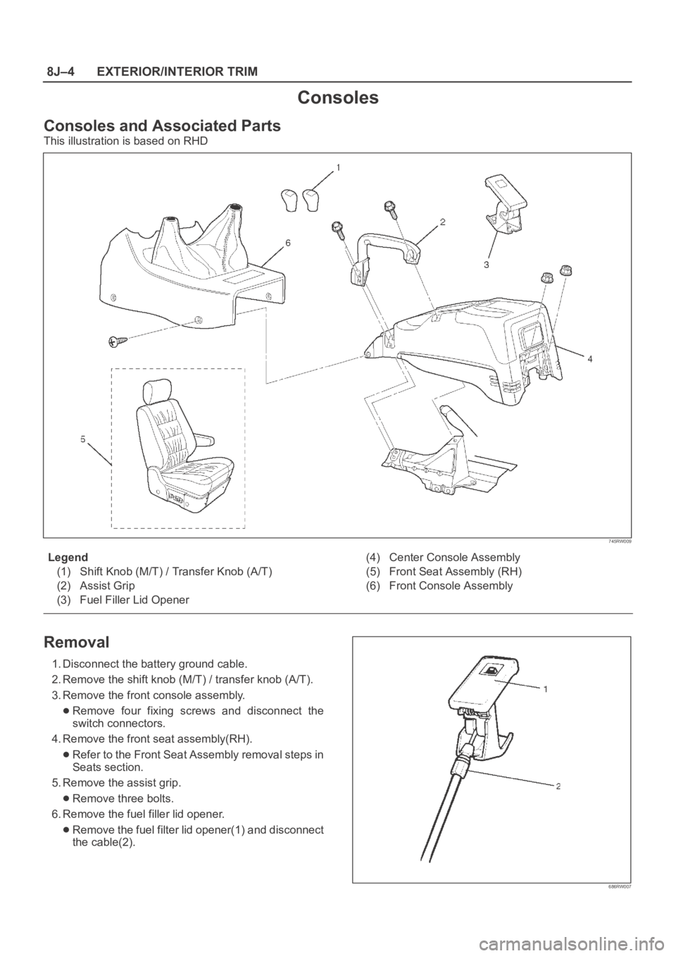 OPEL FRONTERA 1998  Workshop Manual 8J–4EXTERIOR/INTERIOR TRIM
Consoles
Consoles and Associated Parts 
This illustration is based on RHD
745RW009
Legend
(1) Shift Knob (M/T) / Transfer Knob (A/T)
(2) Assist Grip
(3) Fuel Filler Lid Op