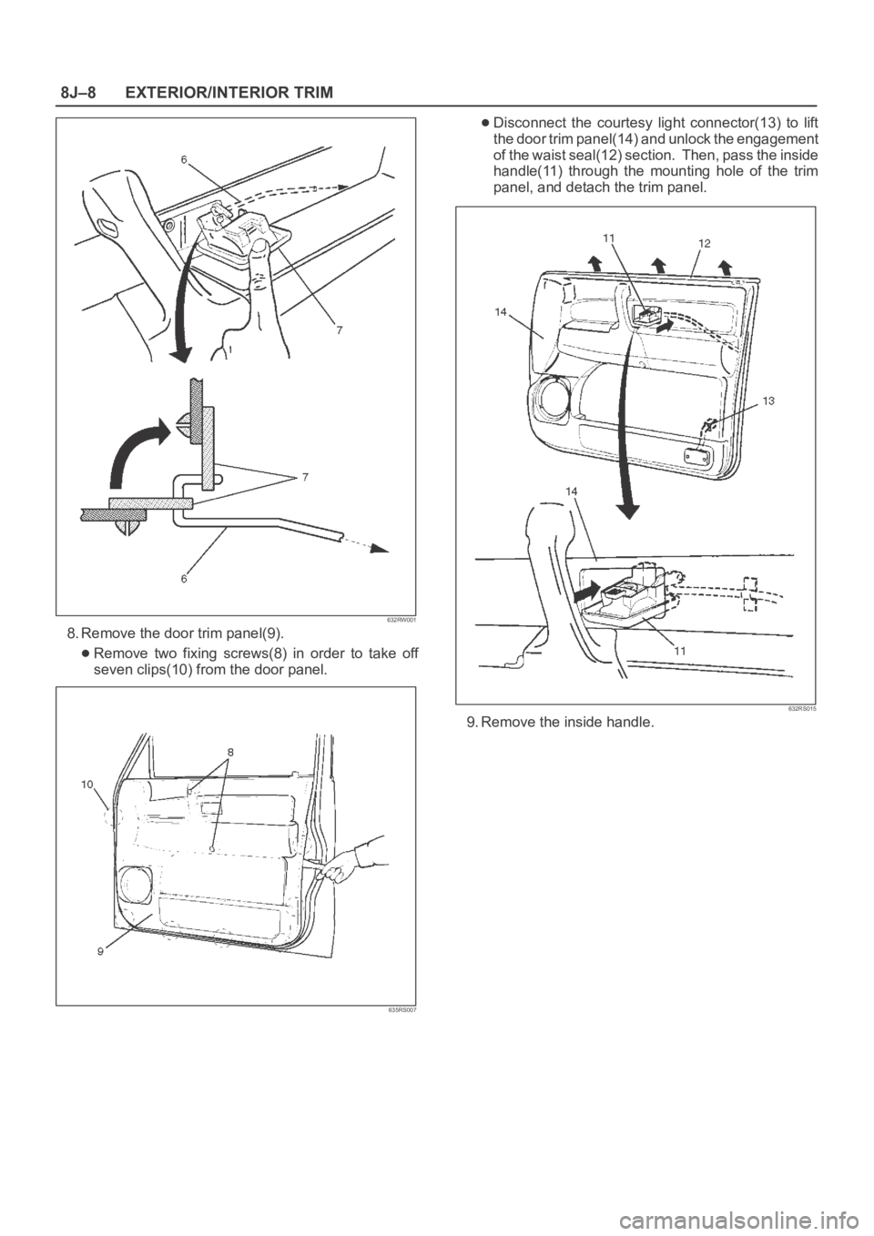 OPEL FRONTERA 1998  Workshop Manual 8J–8EXTERIOR/INTERIOR TRIM
632RW001
8. Remove the door trim panel(9).
Remove two fixing screws(8) in order to take off
seven clips(10) from the door panel.
635RS007
Disconnect  the  courtesy  light 