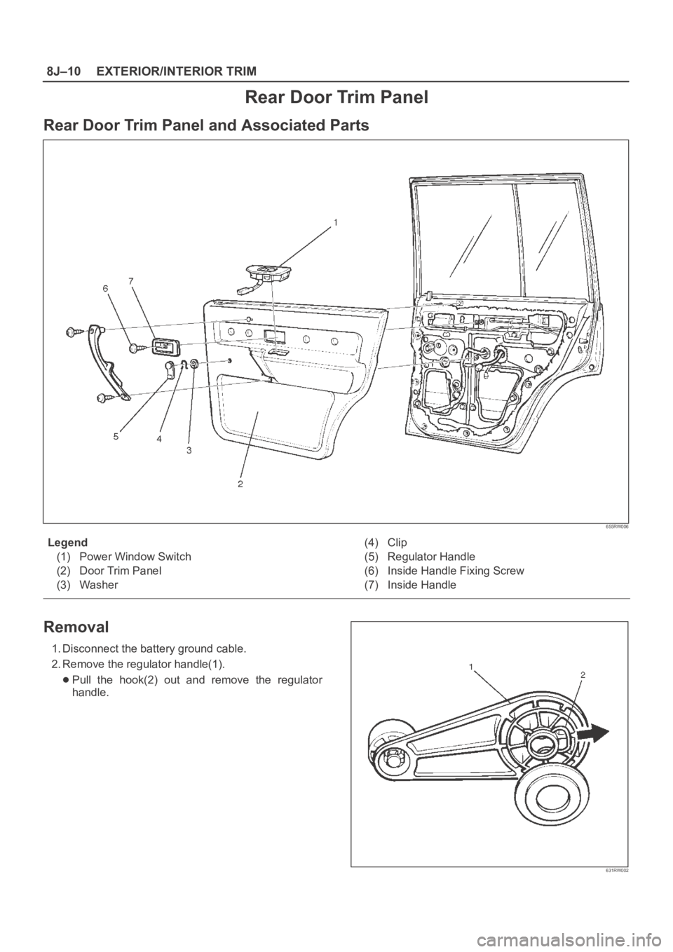 OPEL FRONTERA 1998  Workshop Manual 8J–10EXTERIOR/INTERIOR TRIM
Rear Door Trim Panel
Rear Door Trim Panel and Associated Parts
655RW006
Legend
(1) Power Window Switch
(2) Door Trim Panel
(3) Washer(4) Clip
(5) Regulator Handle
(6) Ins