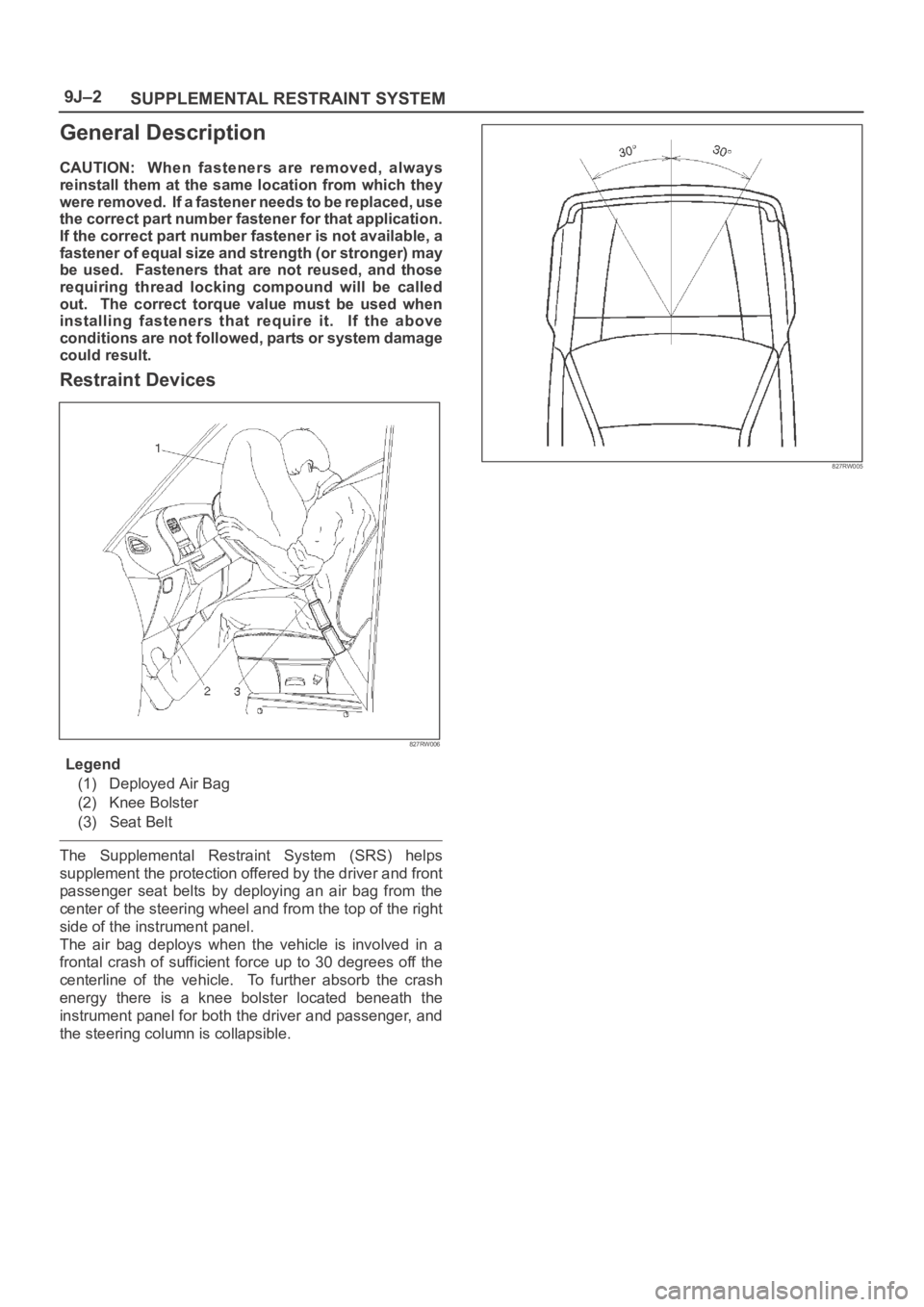 OPEL FRONTERA 1998 Workshop Manual SUPPLEMENTAL RESTRAINT SYSTEM 9J–2
General Description
CAUTION: When fasteners are removed, always
reinstall them at the same location from which they
were removed. If a fastener needs to be re OPEL FRONTERA 1998 Workshop Manual SUPPLEMENTAL RESTRAINT SYSTEM 9J–2
General Description
CAUTION: When fasteners are removed, always
reinstall them at the same location from which they
were removed. If a fastener needs to be re