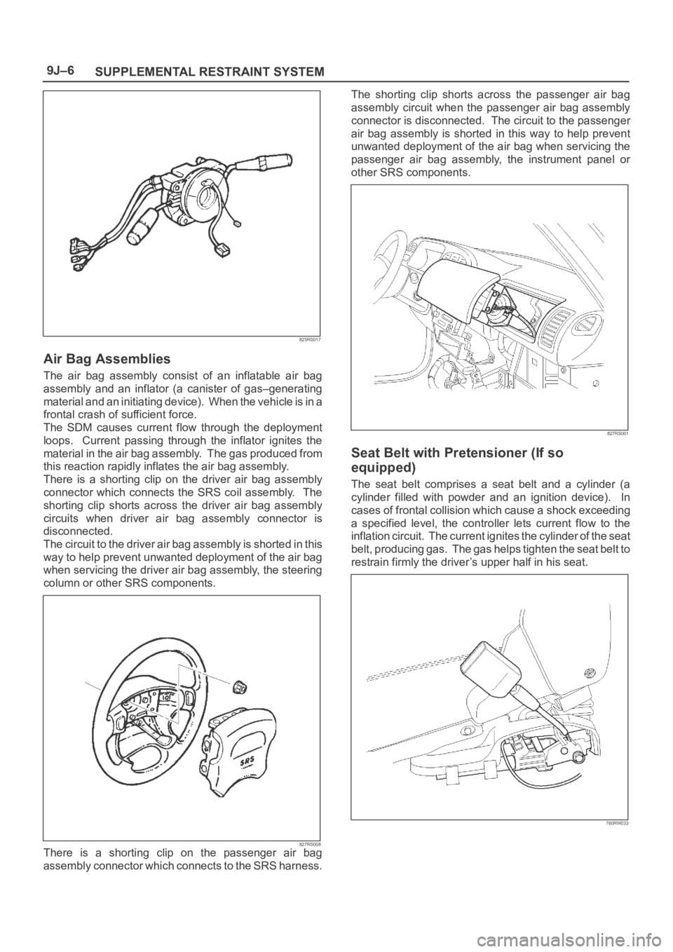 OPEL FRONTERA 1998 Workshop Manual SUPPLEMENTAL RESTRAINT SYSTEM 9J–6
825RS017
Air Bag Assemblies
The air bag assembly consist of an inflatable air bag
assembly and an inflator (a canister of gas–generating
material OPEL FRONTERA 1998 Workshop Manual SUPPLEMENTAL RESTRAINT SYSTEM 9J–6
825RS017
Air Bag Assemblies
The air bag assembly consist of an inflatable air bag
assembly and an inflator (a canister of gas–generating
material