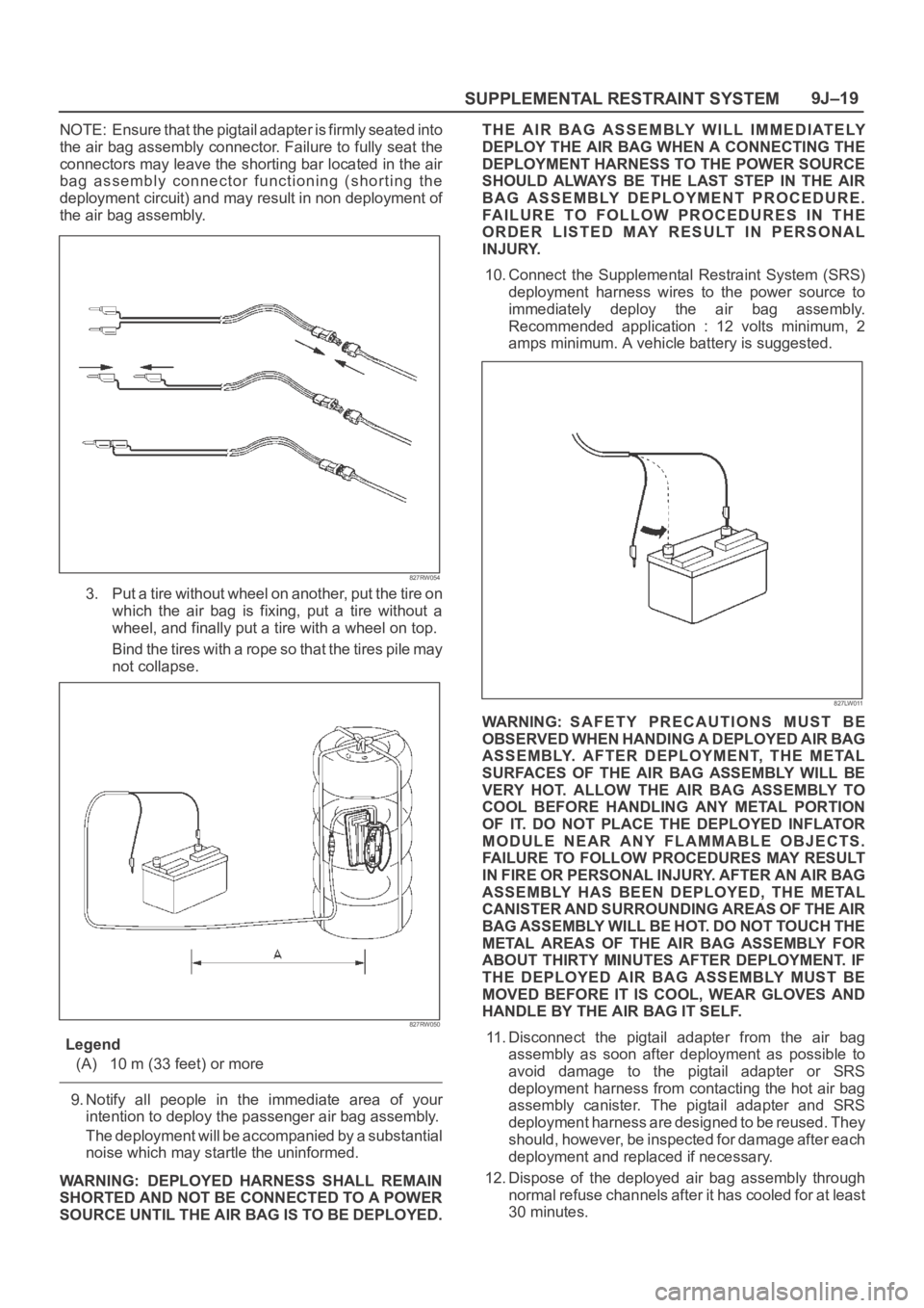 OPEL FRONTERA 1998  Workshop Manual SUPPLEMENTAL RESTRAINT SYSTEM9J–19
NOTE: Ensure that the pigtail adapter is firmly seated into
the air bag assembly connector. Failure to fully seat the
connectors may leave the shorting bar located