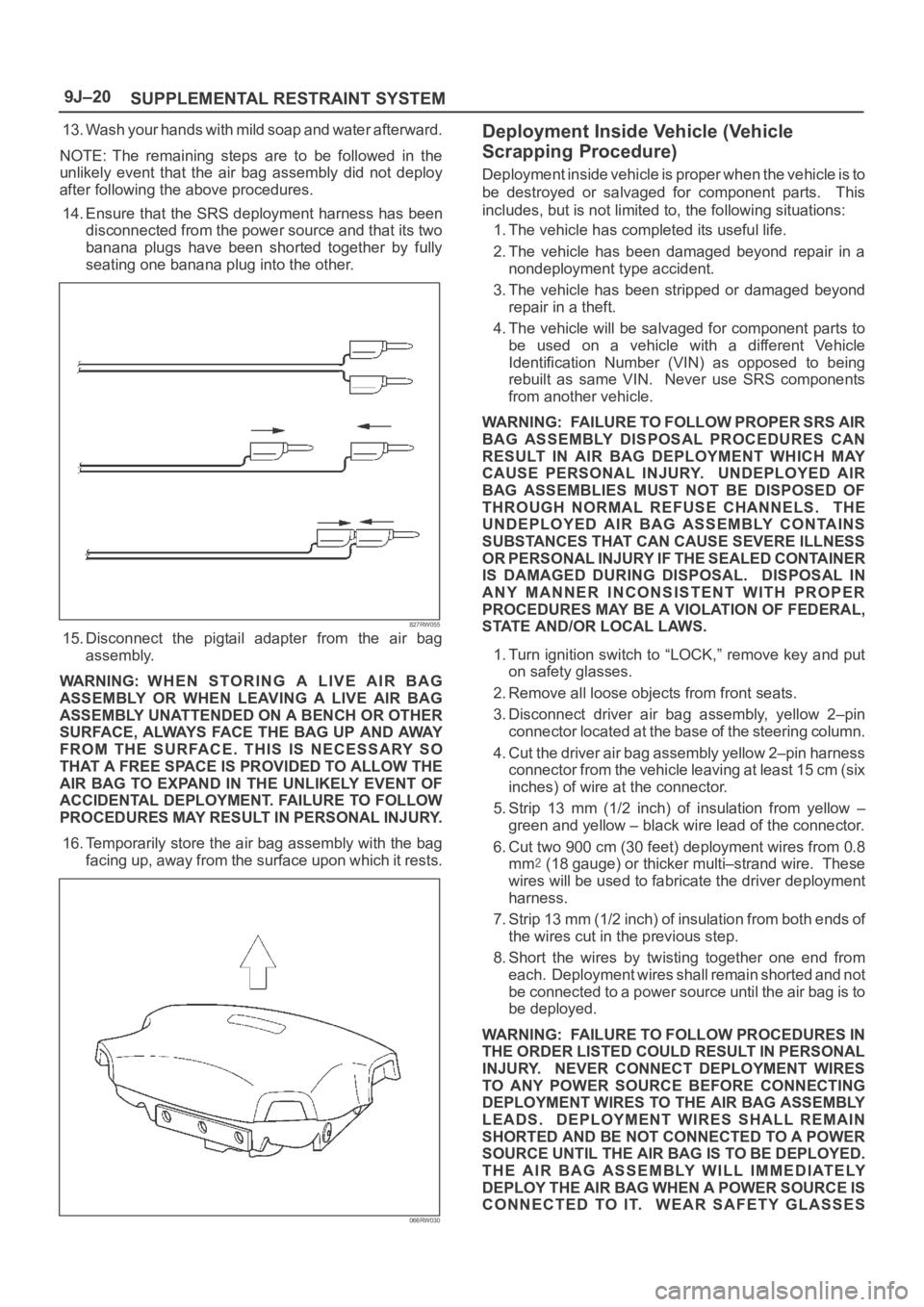 OPEL FRONTERA 1998 Workshop Manual SUPPLEMENTAL RESTRAINT SYSTEM 9J–20
13. Wash your hands with mild soap and water afterward.
NOTE: The remaining steps are to be followed in the
unlikely event that the air bag assembly OPEL FRONTERA 1998 Workshop Manual SUPPLEMENTAL RESTRAINT SYSTEM 9J–20
13. Wash your hands with mild soap and water afterward.
NOTE: The remaining steps are to be followed in the
unlikely event that the air bag assembly