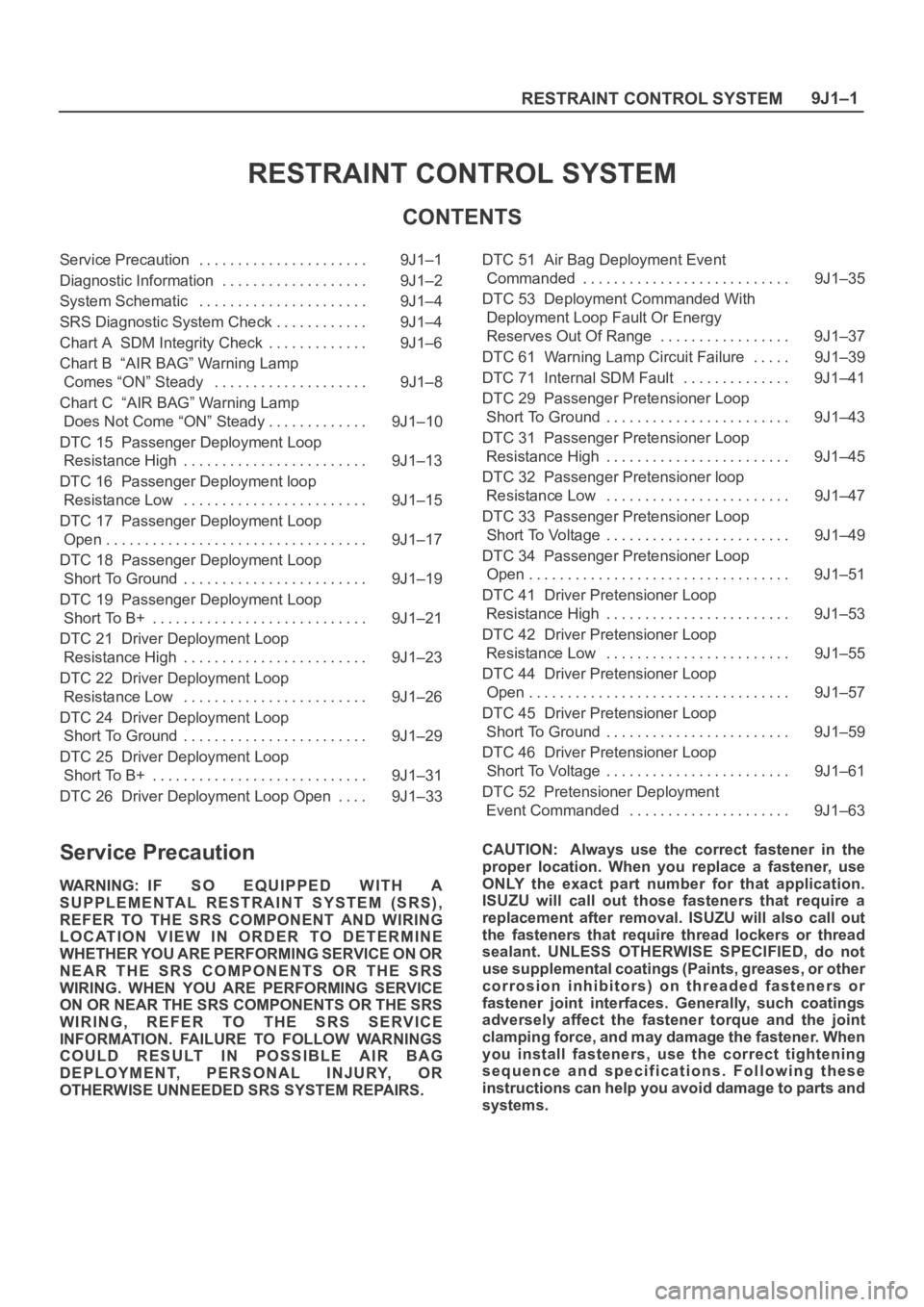 OPEL FRONTERA 1998 Workshop Manual 9J1–1
RESTRAINT CONTROL SYSTEM
RESTRAINT CONTROL SYSTEM
CONTENTS
Service Precaution 9J1–1. . . . . . . . . . . . . . . . . . . . . .
Diagnostic Information 9J1–2. . . . . . . . . . . . . . . . OPEL FRONTERA 1998 Workshop Manual 9J1–1
RESTRAINT CONTROL SYSTEM
RESTRAINT CONTROL SYSTEM
CONTENTS
Service Precaution 9J1–1. . . . . . . . . . . . . . . . . . . . . .
Diagnostic Information 9J1–2. . . . . . . . . . . . . . . .