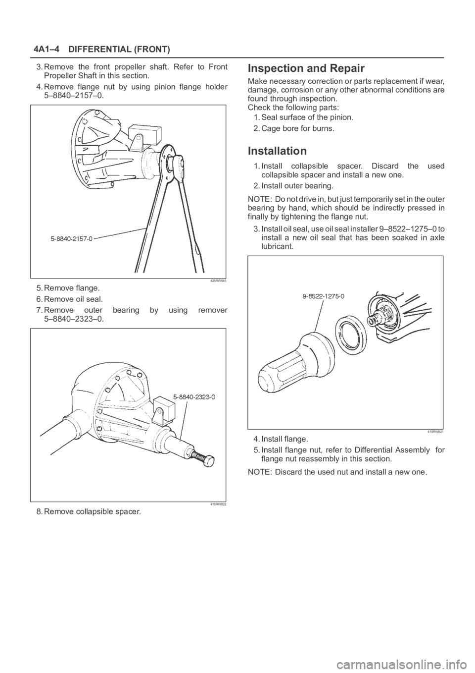 OPEL FRONTERA 1998 Workshop Manual DIFFERENTIAL (FRONT) 4A1–4
3. Remove the front propeller shaft. Refer to Front
Propeller Shaft in this section.
4. Remove flange nut by using pinion flange holder
5–8840–2157–0.
OPEL FRONTERA 1998 Workshop Manual DIFFERENTIAL (FRONT) 4A1–4
3. Remove the front propeller shaft. Refer to Front
Propeller Shaft in this section.
4. Remove flange nut by using pinion flange holder
5–8840–2157–0.