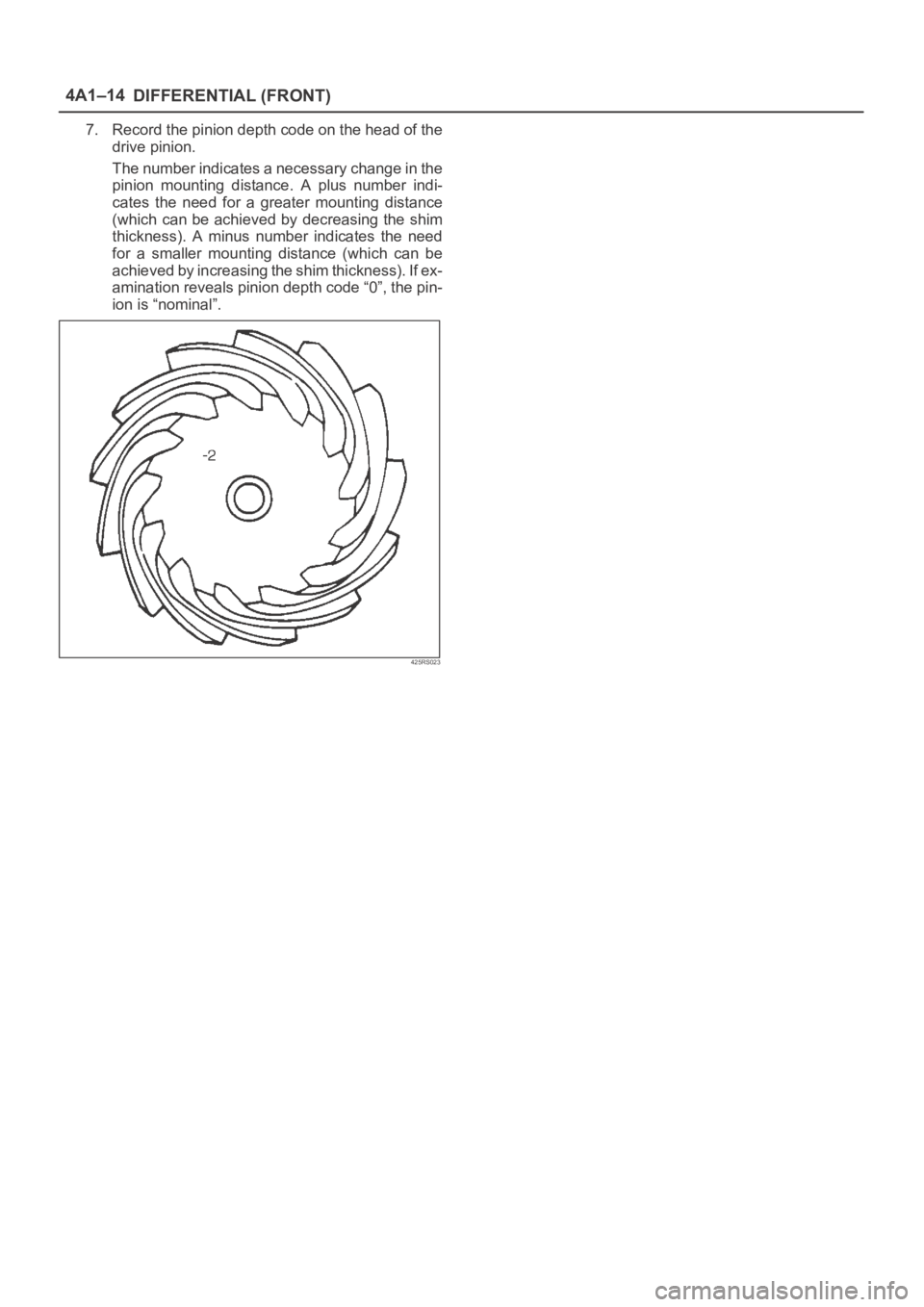 OPEL FRONTERA 1998  Workshop Manual DIFFERENTIAL (FRONT) 4A1–14
7. Record the pinion depth code on the head of the
drive pinion.
The number indicates a necessary change in the
pinion  mounting  distance.  A  plus  number  indi-
cates 