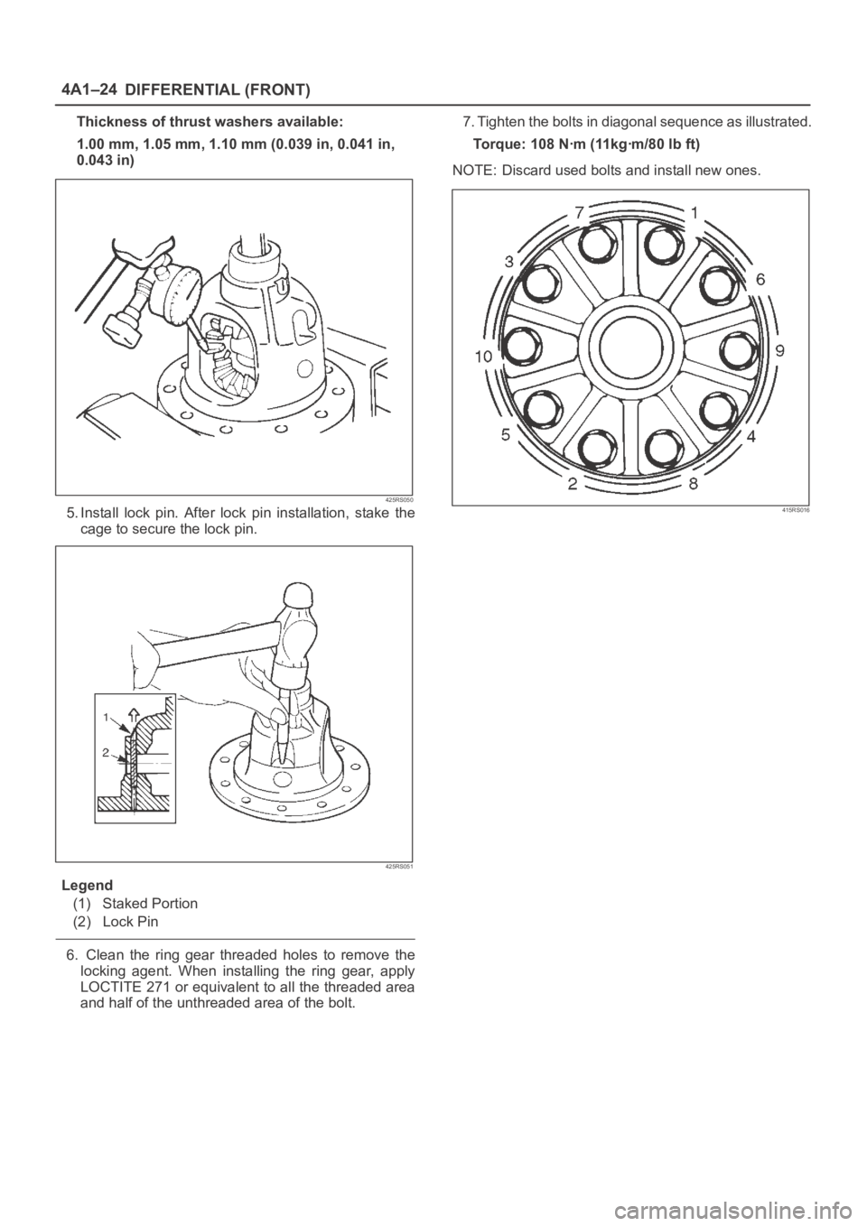 OPEL FRONTERA 1998  Workshop Manual DIFFERENTIAL (FRONT) 4A1–24
Thickness of thrust washers available:
1.00 mm, 1.05 mm, 1.10 mm (0.039 in, 0.041 in,
0.043 in)
425RS050
5. Install  lock  pin.  After  lock pin  installation,  stake  th