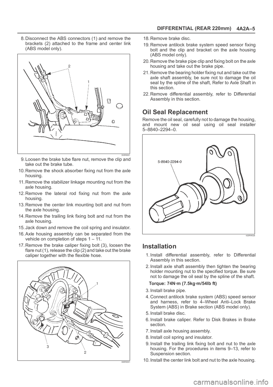 OPEL FRONTERA 1998 Workshop Manual DIFFERENTIAL (REAR 220mm)
4A2A–5
8. Disconnect the ABS connectors (1) and remove the
brackets (2) attached to the frame and center link
(ABS model only).
350RS001
9. Loosen the brake tube fl OPEL FRONTERA 1998 Workshop Manual DIFFERENTIAL (REAR 220mm)
4A2A–5
8. Disconnect the ABS connectors (1) and remove the
brackets (2) attached to the frame and center link
(ABS model only).
350RS001
9. Loosen the brake tube fl