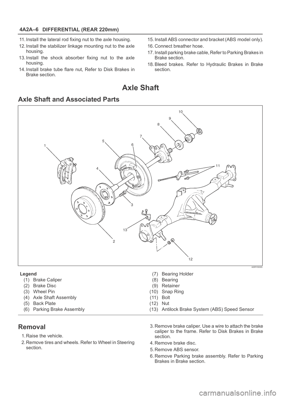 OPEL FRONTERA 1998 Workshop Manual 4A2A–6
DIFFERENTIAL (REAR 220mm)
11. Install the lateral rod fixing nut to the axle housing.
12. Install the stabilizer linkage mounting nut to the axle
housing.
13. Install the shock absorber f OPEL FRONTERA 1998 Workshop Manual 4A2A–6
DIFFERENTIAL (REAR 220mm)
11. Install the lateral rod fixing nut to the axle housing.
12. Install the stabilizer linkage mounting nut to the axle
housing.
13. Install the shock absorber f