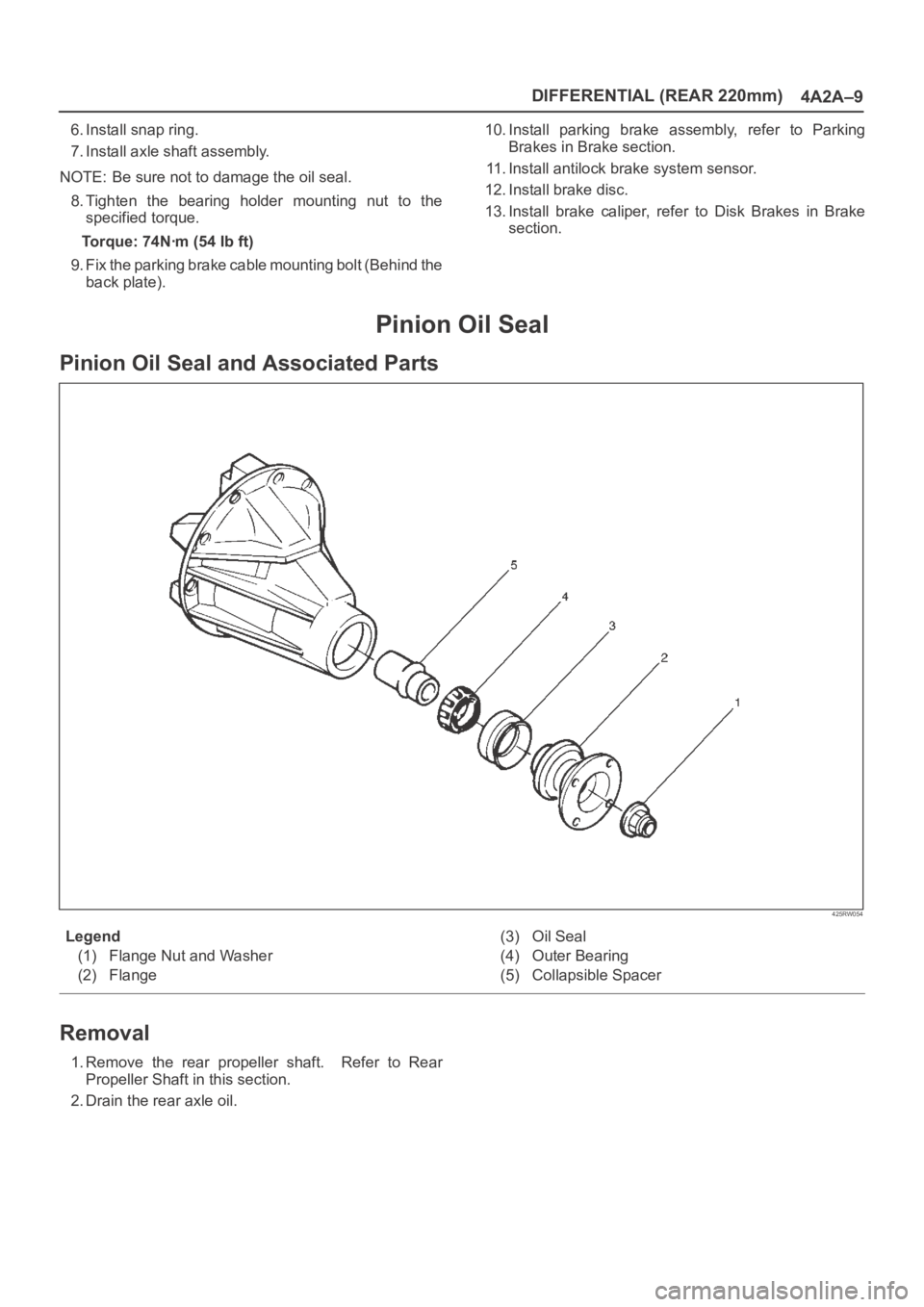 OPEL FRONTERA 1998  Workshop Manual DIFFERENTIAL (REAR 220mm)
4A2A–9
6. Install snap ring.
7. Install axle shaft assembly.
NOTE: Be sure not to damage the oil seal.
8. Tighten  the  bearing  holder  mounting  nut  to  the
specified to