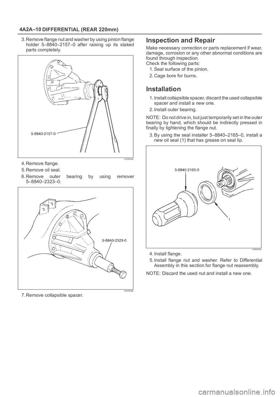 OPEL FRONTERA 1998 Workshop Manual 4A2A–10
DIFFERENTIAL (REAR 220mm)
3. Remove flange nut and washer by using pinion flange
holder 5–8840–2157–0 after raising up its staked
parts completely.
415RW028
4. Remove flange.
5. OPEL FRONTERA 1998 Workshop Manual 4A2A–10
DIFFERENTIAL (REAR 220mm)
3. Remove flange nut and washer by using pinion flange
holder 5–8840–2157–0 after raising up its staked
parts completely.
415RW028
4. Remove flange.
5.