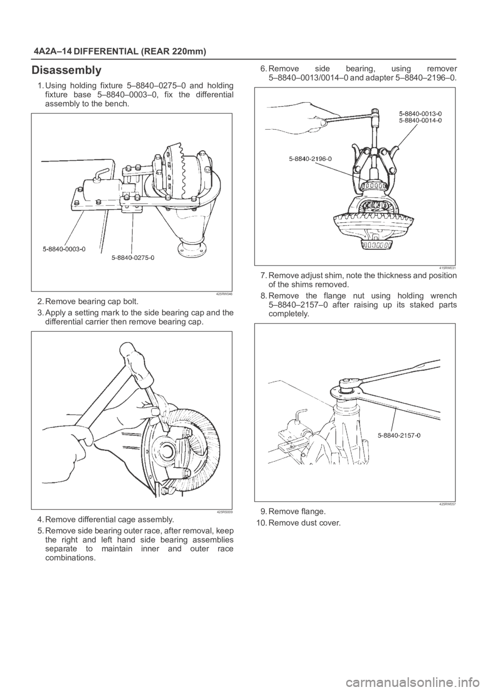 OPEL FRONTERA 1998  Workshop Manual 4A2A–14
DIFFERENTIAL (REAR 220mm)
Disassembly
1. Using  holding  fixture  5–8840–0275–0  and  holding
fixture  base  5–8840–0003–0,  fix  the  differential
assembly to the bench.
425RW04