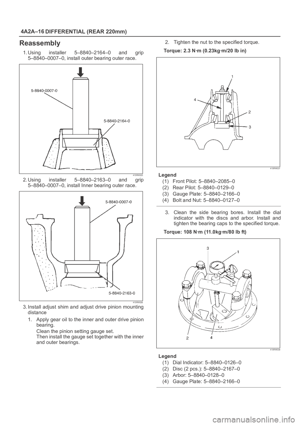 OPEL FRONTERA 1998 Workshop Manual 4A2A–16
DIFFERENTIAL (REAR 220mm)
Reassembly
1. Using installer 5–8840–2164–0 and grip
5–8840–0007–0, install outer bearing outer race.
415RW025
2. Using installer 5–8840–2163 OPEL FRONTERA 1998 Workshop Manual 4A2A–16
DIFFERENTIAL (REAR 220mm)
Reassembly
1. Using installer 5–8840–2164–0 and grip
5–8840–0007–0, install outer bearing outer race.
415RW025
2. Using installer 5–8840–2163