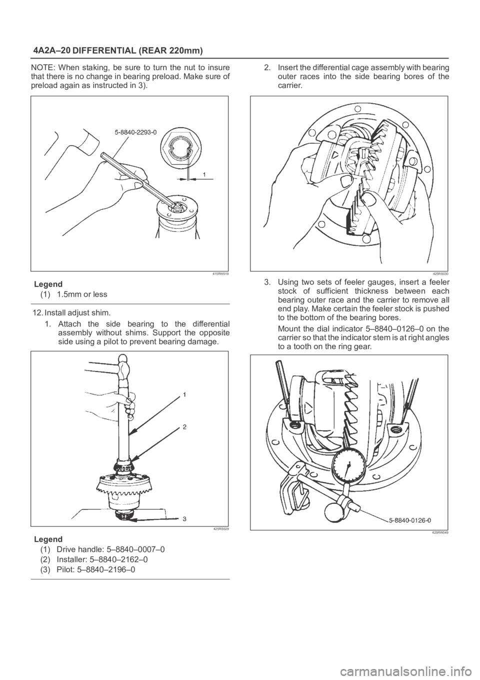 OPEL FRONTERA 1998  Workshop Manual 4A2A–20
DIFFERENTIAL (REAR 220mm)
NOTE: When  staking,  be  sure  to  turn  the  nut  to  insure
that there is no change in bearing preload. Make sure of
preload again as instructed in 3).
415RW019
