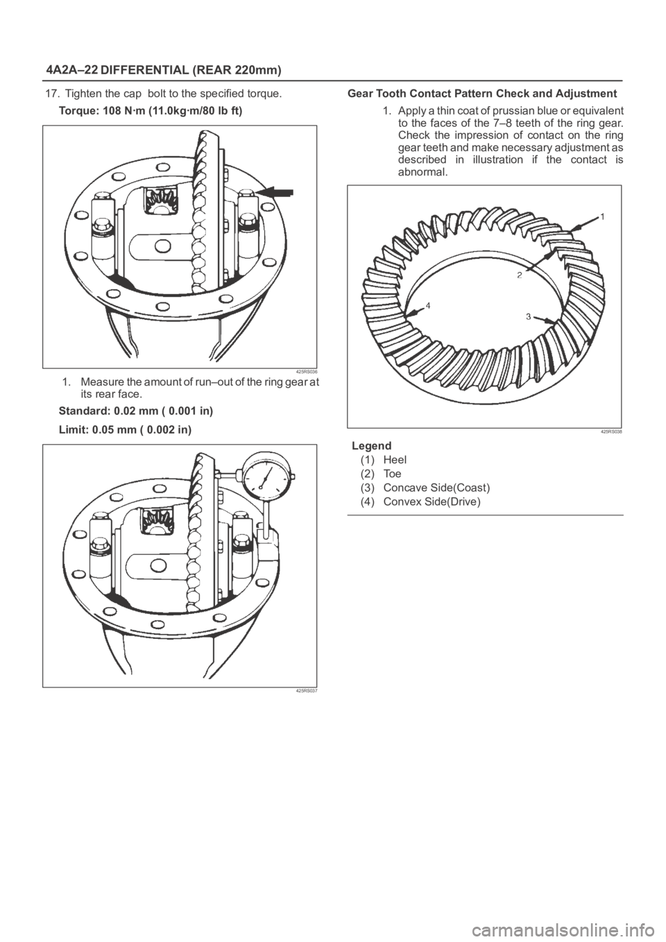OPEL FRONTERA 1998  Workshop Manual 4A2A–22
DIFFERENTIAL (REAR 220mm)
17.  Tighten the cap  bolt to the specified torque.
Torque: 108 Nꞏm (11.0kgꞏm/80 lb ft)
425RS036
1. Measure the amount of run–out of the ring gear at
its rear
