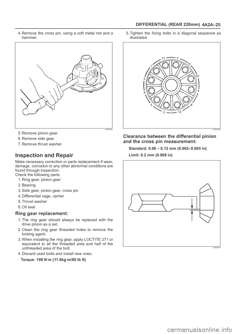 OPEL FRONTERA 1998 Workshop Manual DIFFERENTIAL (REAR 220mm)
4A2A–25
4. Remove the cross pin, using a soft metal rod and a
hammer.
425RS043
5. Remove pinion gear.
6. Remove side gear.
7. Remove thrust washer.
Inspection and Repair
Ma OPEL FRONTERA 1998 Workshop Manual DIFFERENTIAL (REAR 220mm)
4A2A–25
4. Remove the cross pin, using a soft metal rod and a
hammer.
425RS043
5. Remove pinion gear.
6. Remove side gear.
7. Remove thrust washer.
Inspection and Repair
Ma