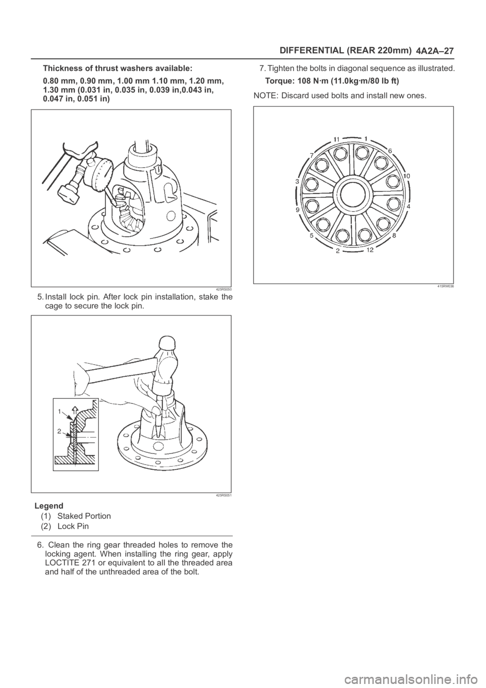 OPEL FRONTERA 1998  Workshop Manual DIFFERENTIAL (REAR 220mm)
4A2A–27
Thickness of thrust washers available:
0.80 mm, 0.90 mm, 1.00 mm 1.10 mm, 1.20 mm,
1.30 mm (0.031 in, 0.035 in, 0.039 in,0.043 in,
0.047 in, 0.051 in)
425RS050
5. I