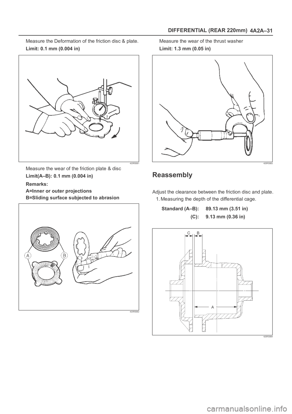 OPEL FRONTERA 1998  Workshop Manual DIFFERENTIAL (REAR 220mm)
4A2A–31
Measure the Deformation of the friction disc & plate.
Limit: 0.1 mm (0.004 in)
425RS061
Measure the wear of the friction plate & disc
Limit(A–B): 0.1 mm (0.004 in