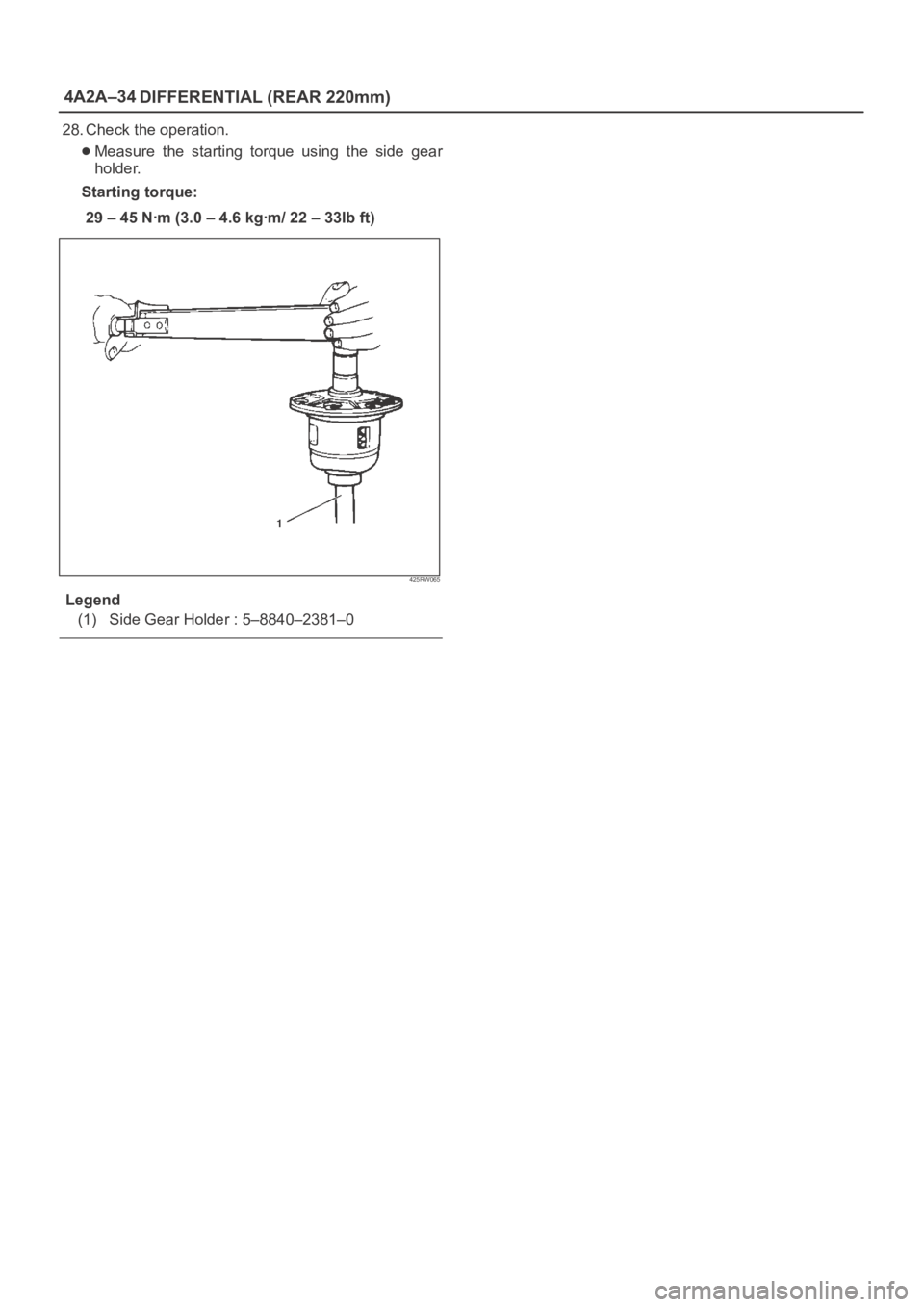 OPEL FRONTERA 1998  Workshop Manual 4A2A–34
DIFFERENTIAL (REAR 220mm)
28. Check the operation.
Measure  the  starting  torque  using  the  side  gear
holder. 
Starting torque:
29–45Nꞏm(3.0–4.6kgꞏm/22–33Ibft)
425RW065
Legend
