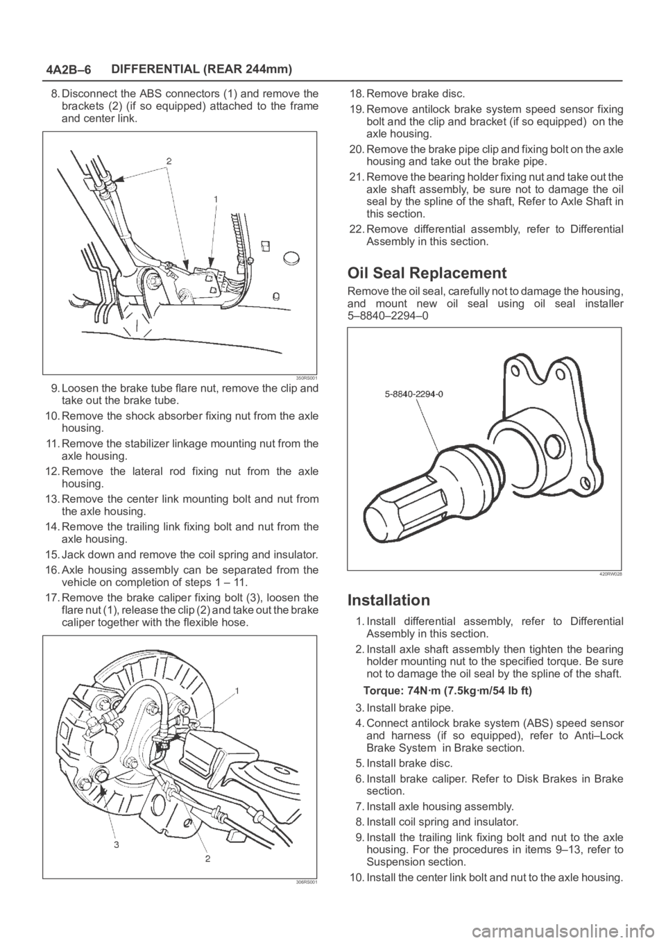 OPEL FRONTERA 1998 Workshop Manual 4A2B–6DIFFERENTIAL (REAR 244mm)
8. Disconnect the ABS connectors (1) and remove the
brackets (2) (if so equipped) attached to the frame
and center link.
350RS001
9. Loosen the brake tube fla OPEL FRONTERA 1998 Workshop Manual 4A2B–6DIFFERENTIAL (REAR 244mm)
8. Disconnect the ABS connectors (1) and remove the
brackets (2) (if so equipped) attached to the frame
and center link.
350RS001
9. Loosen the brake tube fla