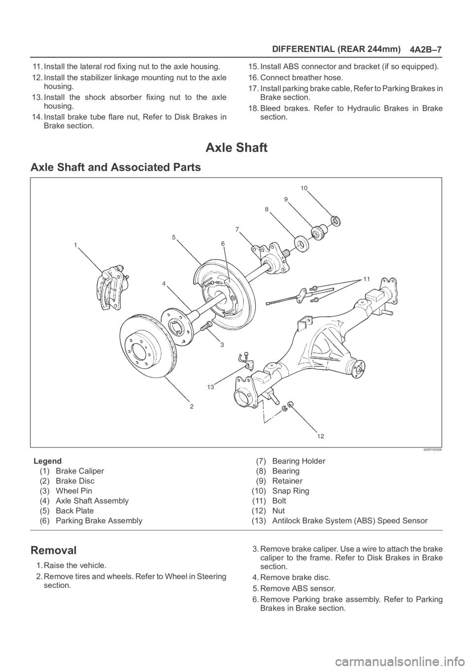 OPEL FRONTERA 1998 Workshop Manual DIFFERENTIAL (REAR 244mm)
4A2B–7
11. Install the lateral rod fixing nut to the axle housing.
12. Install the stabilizer linkage mounting nut to the axle
housing.
13. Install the shock absorber f OPEL FRONTERA 1998 Workshop Manual DIFFERENTIAL (REAR 244mm)
4A2B–7
11. Install the lateral rod fixing nut to the axle housing.
12. Install the stabilizer linkage mounting nut to the axle
housing.
13. Install the shock absorber f