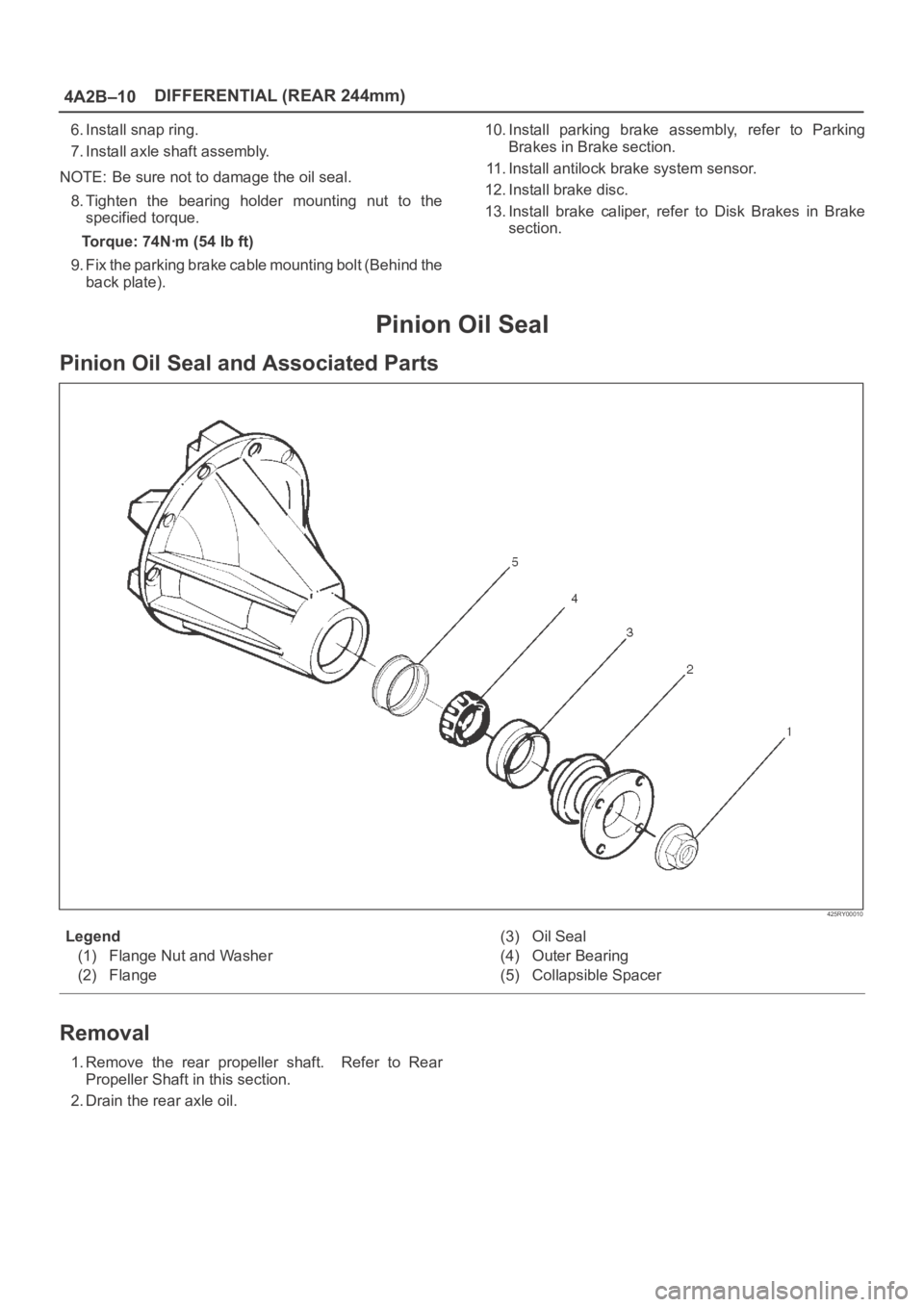 OPEL FRONTERA 1998  Workshop Manual 4A2B–10DIFFERENTIAL (REAR 244mm)
6. Install snap ring.
7. Install axle shaft assembly.
NOTE: Be sure not to damage the oil seal.
8. Tighten  the  bearing  holder  mounting  nut  to  the
specified to