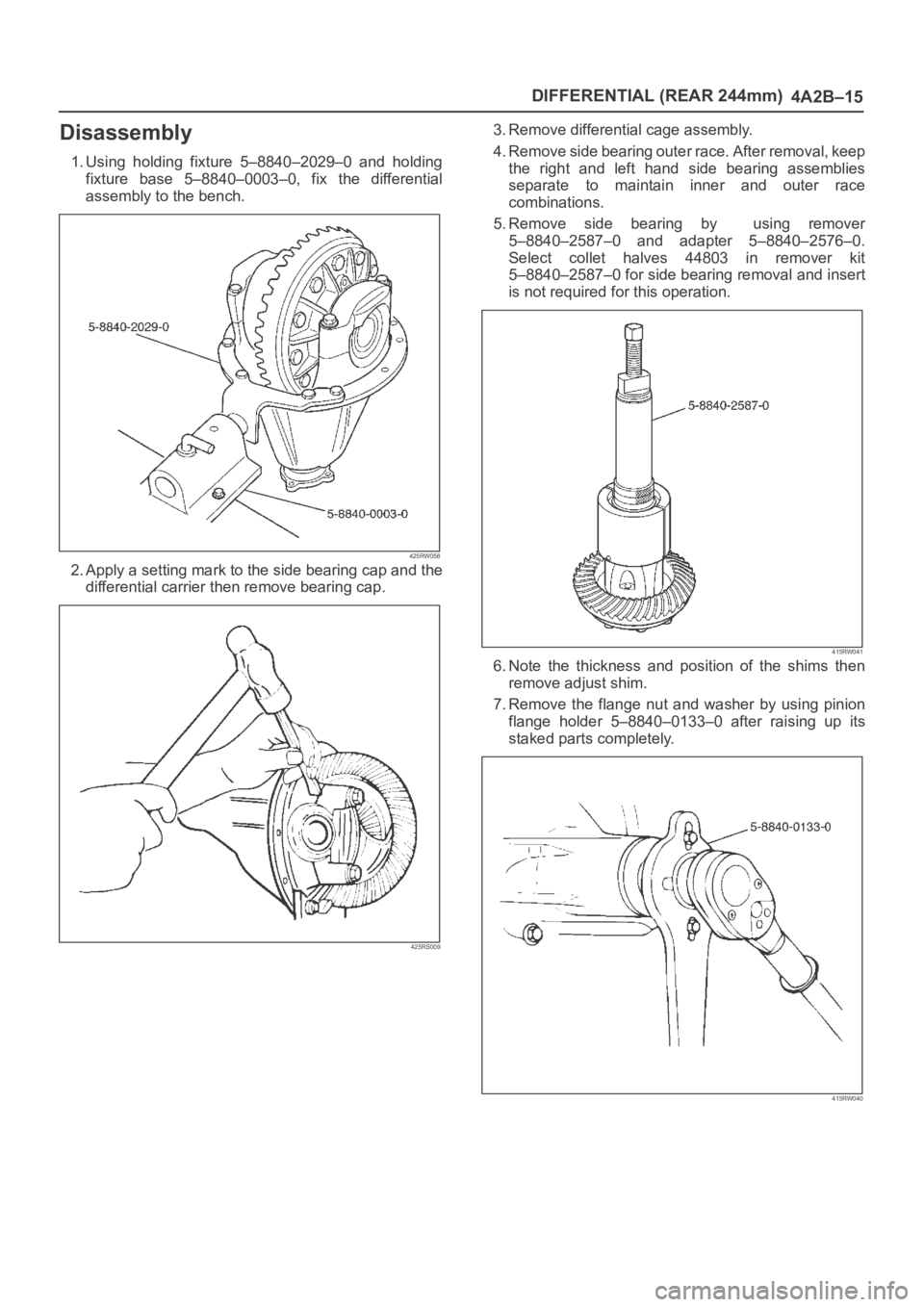 OPEL FRONTERA 1998  Workshop Manual DIFFERENTIAL (REAR 244mm)
4A2B–15
Disassembly
1. Using  holding  fixture  5–8840–2029–0  and  holding
fixture  base  5–8840–0003–0,  fix  the  differential
assembly to the bench.
425RW05