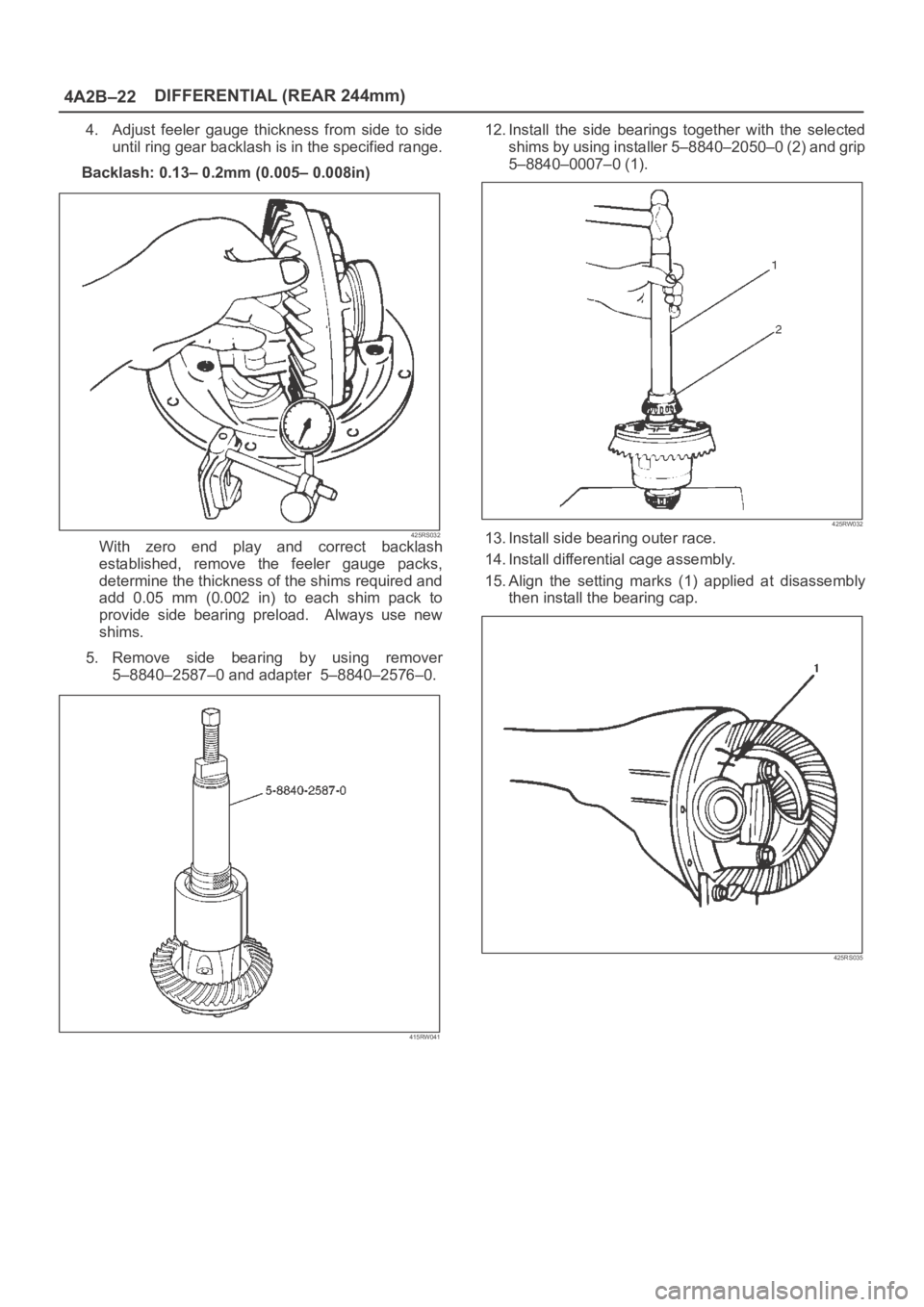 OPEL FRONTERA 1998  Workshop Manual 4A2B–22DIFFERENTIAL (REAR 244mm)
4. Adjust  feeler  gauge  thickness  from  side  to  side
until ring gear backlash is in the specified range.
Backlash: 0.13– 0.2mm (0.005– 0.008in)
425RS032With