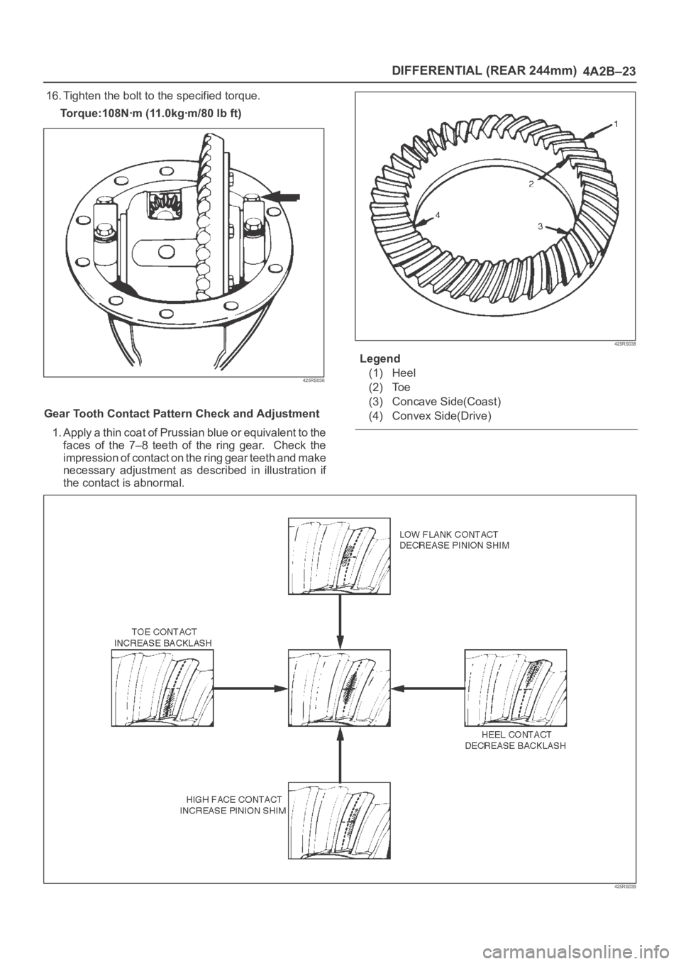 OPEL FRONTERA 1998  Workshop Manual DIFFERENTIAL (REAR 244mm)
4A2B–23
16. Tighten the bolt to the specified torque.
Torque:108Nꞏm (11.0kgꞏm/80 lb ft)
425RS036
Gear Tooth Contact Pattern Check and Adjustment
1. Apply a thin coat of