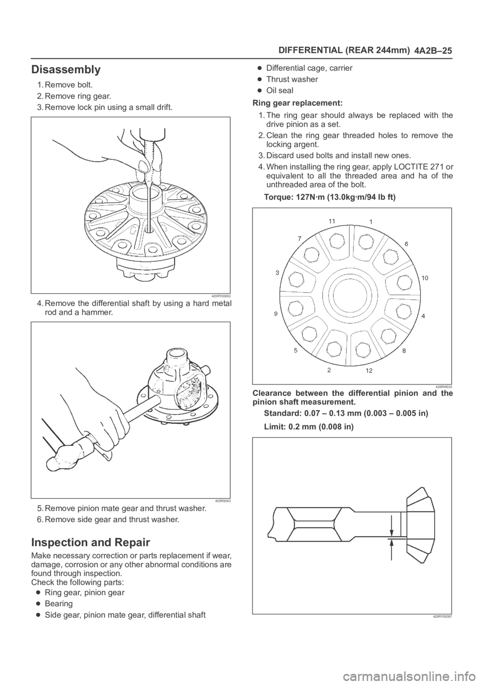 OPEL FRONTERA 1998 Workshop Manual DIFFERENTIAL (REAR 244mm)
4A2B–25
Disassembly
1. Remove bolt.
2. Remove ring gear.
3. Remove lock pin using a small drift.
425RY00002
4. Remove the differential shaft by using a hard metal
r OPEL FRONTERA 1998 Workshop Manual DIFFERENTIAL (REAR 244mm)
4A2B–25
Disassembly
1. Remove bolt.
2. Remove ring gear.
3. Remove lock pin using a small drift.
425RY00002
4. Remove the differential shaft by using a hard metal
r