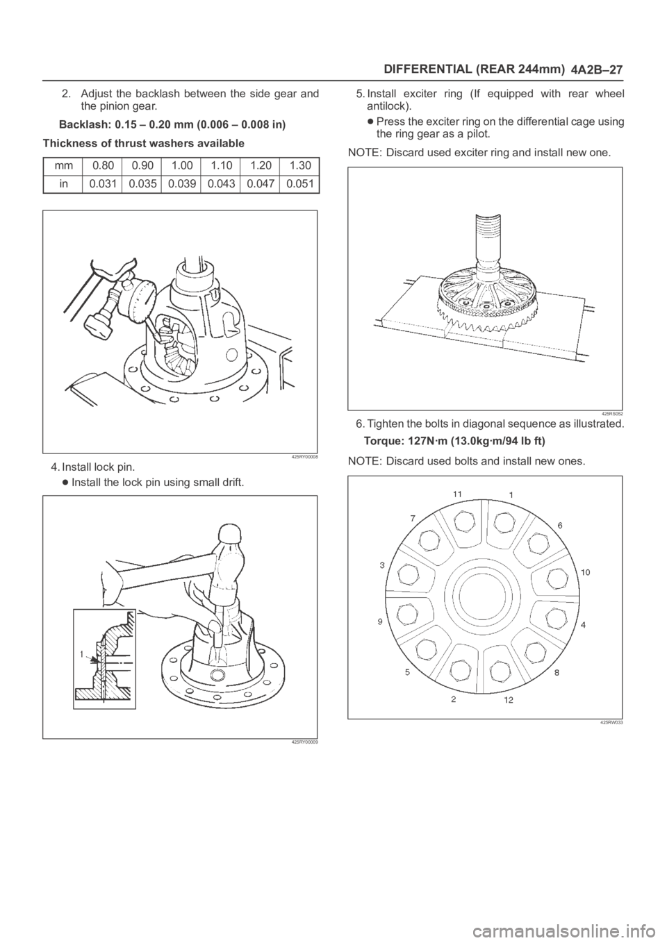 OPEL FRONTERA 1998  Workshop Manual DIFFERENTIAL (REAR 244mm)
4A2B–27
2. Adjust  the  backlash  between  the  side  gear  and
the pinion gear.
Backlash: 0.15 – 0.20 mm (0.006 – 0.008 in)
Thickness of thrust washers available
mm
0.