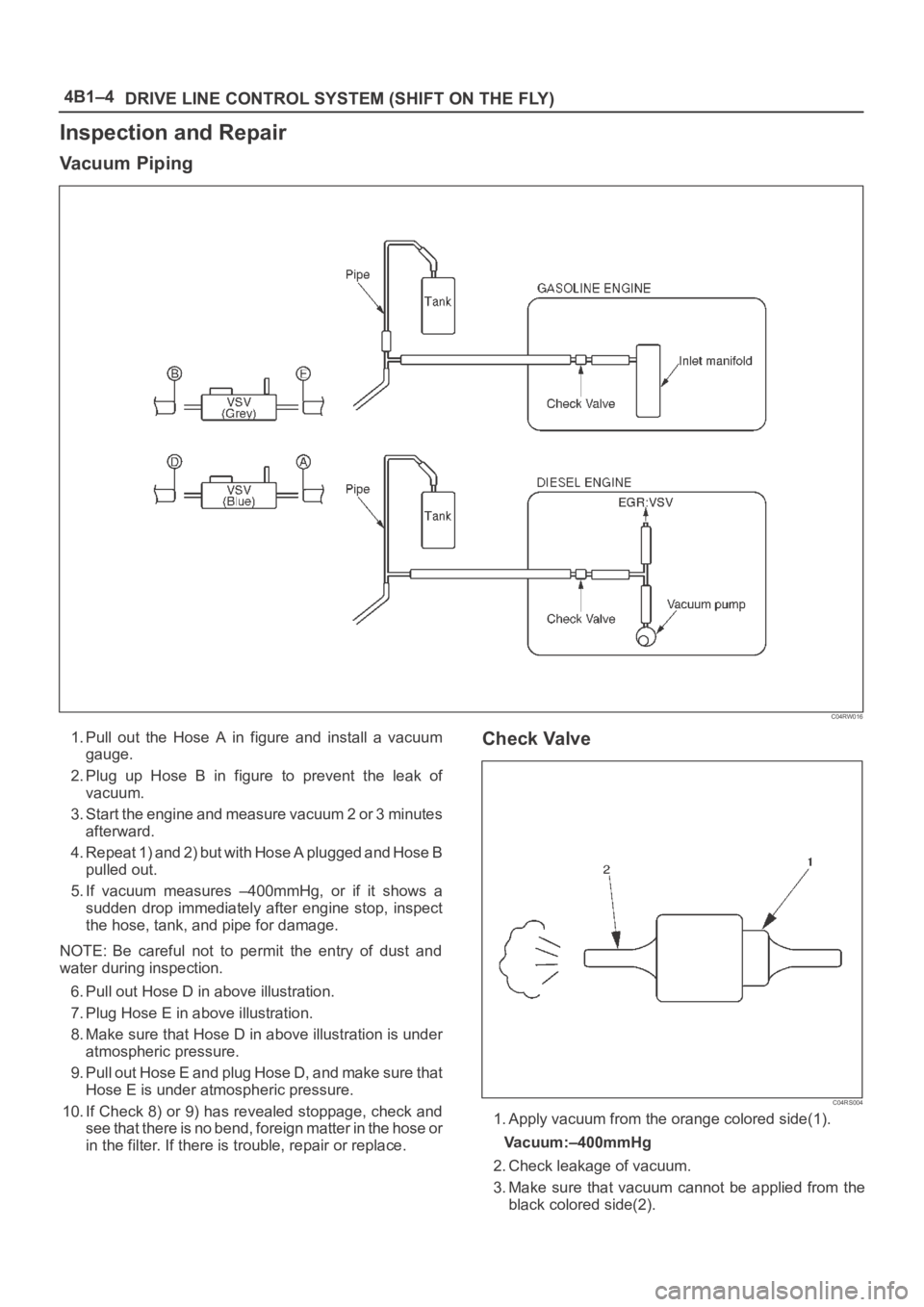 OPEL FRONTERA 1998 Workshop Manual 4B1–4
DRIVE LINE CONTROL SYSTEM (SHIFT ON THE FLY)
Inspection and Repair
Va c u u m P i p i n g
C04RW016
1. Pull out the Hose A in figure and install a vacuum
gauge.
2. Plug up Hose B OPEL FRONTERA 1998 Workshop Manual 4B1–4
DRIVE LINE CONTROL SYSTEM (SHIFT ON THE FLY)
Inspection and Repair
Va c u u m P i p i n g
C04RW016
1. Pull out the Hose A in figure and install a vacuum
gauge.
2. Plug up Hose B