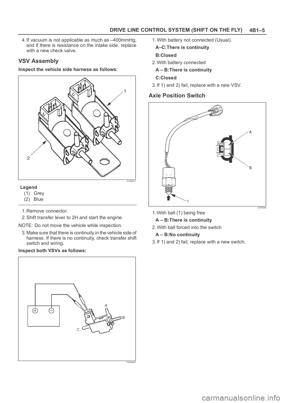 OPEL FRONTERA 1998  Workshop Manual 4B1–5 DRIVE LINE CONTROL SYSTEM (SHIFT ON THE FLY)
4. If vacuum is not applicable as much as –400mmHg,
and if there is resistance on the intake side, replace
with a new check valve.
VSV Assembly
I