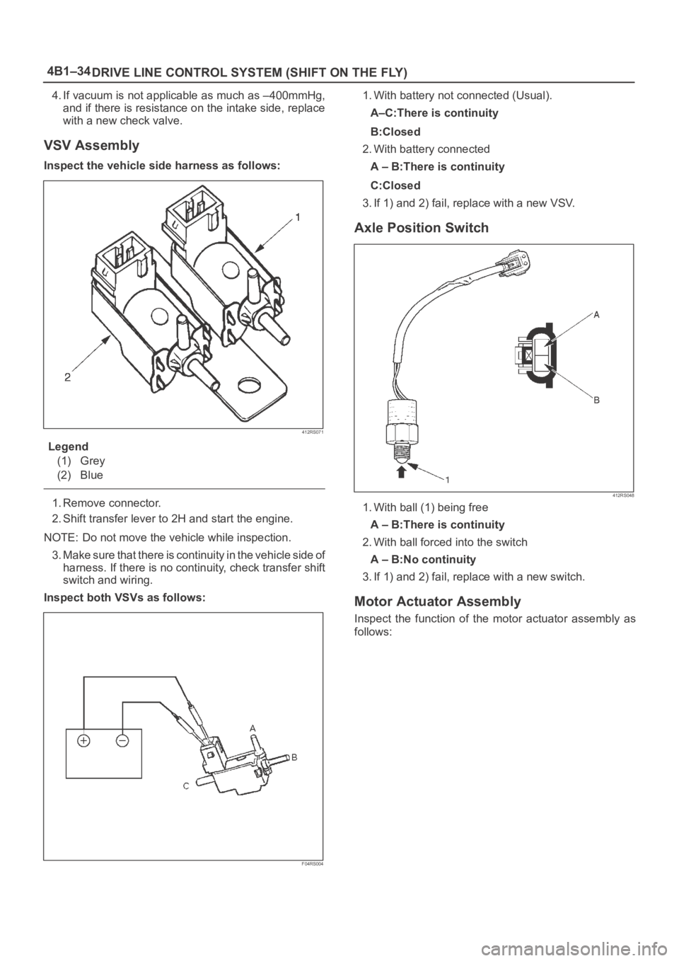 OPEL FRONTERA 1998 Workshop Manual 4B1–34
DRIVE LINE CONTROL SYSTEM (SHIFT ON THE FLY)
4. If vacuum is not applicable as much as –400mmHg,
and if there is resistance on the intake side, replace
with a new check valve.
VSV Assembly
OPEL FRONTERA 1998 Workshop Manual 4B1–34
DRIVE LINE CONTROL SYSTEM (SHIFT ON THE FLY)
4. If vacuum is not applicable as much as –400mmHg,
and if there is resistance on the intake side, replace
with a new check valve.
VSV Assembly