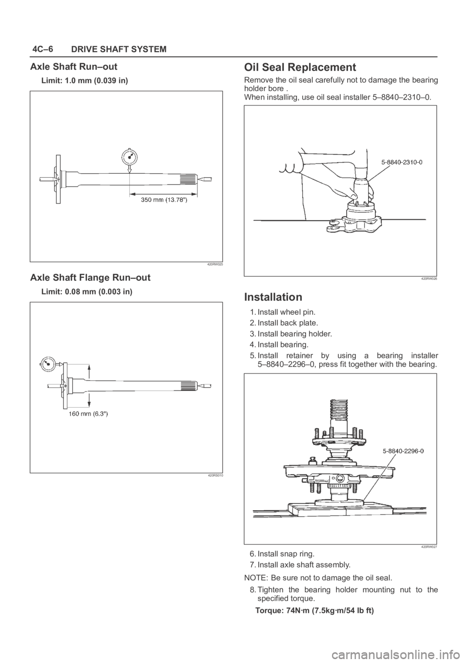 OPEL FRONTERA 1998  Workshop Manual 4C–6
DRIVE SHAFT SYSTEM
Axle Shaft Run–out
Limit: 1.0 mm (0.039 in)
420RW025
Axle Shaft Flange Run–out
Limit: 0.08 mm (0.003 in)
420RS010
Oil Seal Replacement
Remove the oil seal carefully not t