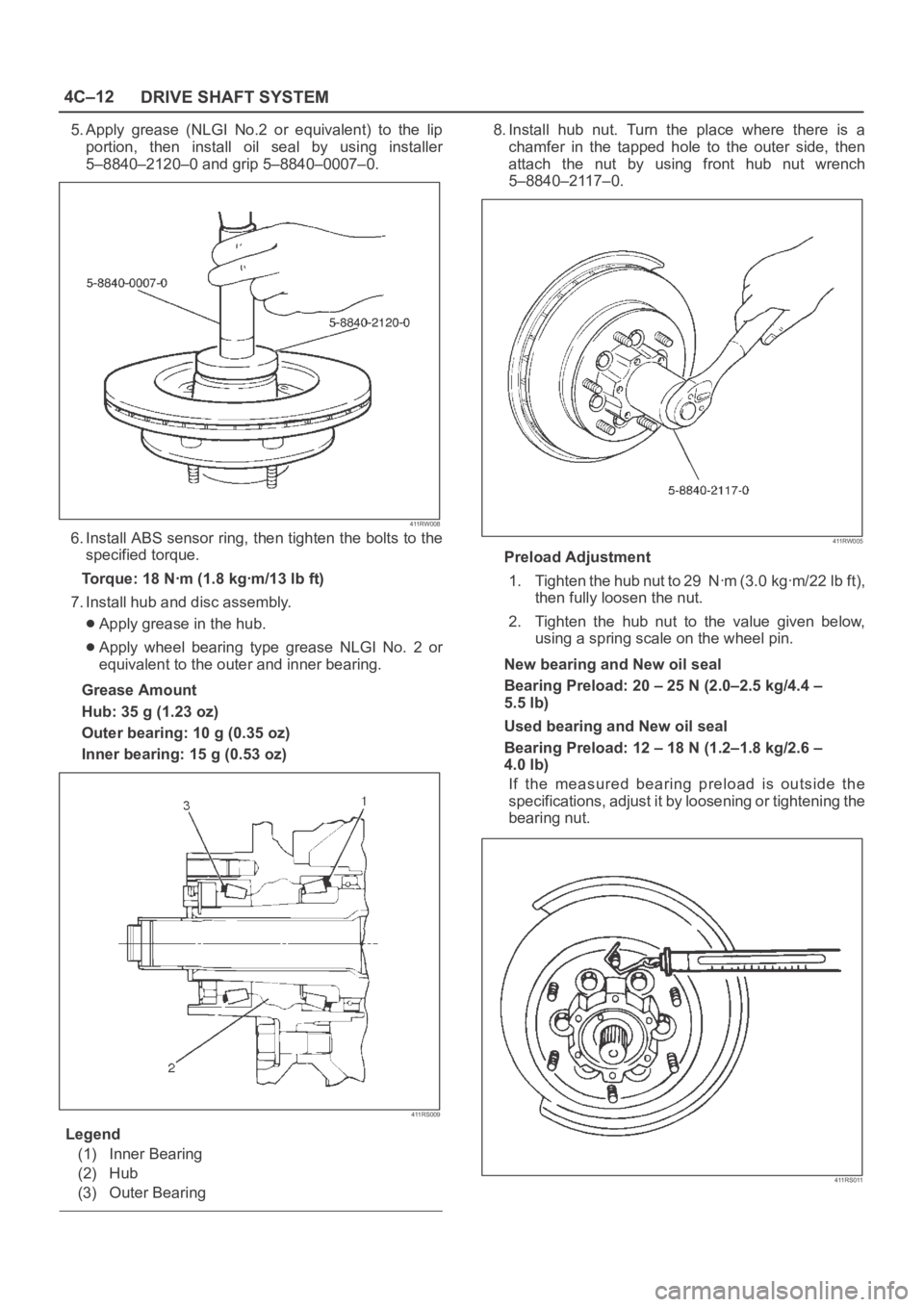 OPEL FRONTERA 1998 Workshop Manual 4C–12
DRIVE SHAFT SYSTEM
5. Apply grease (NLGI No.2 or equivalent) to the lip
portion, then install oil seal by using installer
5–8840–2120–0 and grip 5–8840–0007–0.
411RW0 OPEL FRONTERA 1998 Workshop Manual 4C–12
DRIVE SHAFT SYSTEM
5. Apply grease (NLGI No.2 or equivalent) to the lip
portion, then install oil seal by using installer
5–8840–2120–0 and grip 5–8840–0007–0.
411RW0