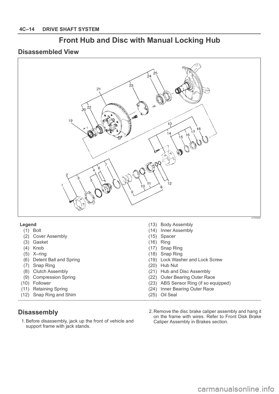 OPEL FRONTERA 1998  Workshop Manual 4C–14
DRIVE SHAFT SYSTEM
Front Hub and Disc with Manual Locking Hub
Disassembled View
411RW009
Legend
(1) Bolt
(2) Cover Assembly
(3) Gasket
(4) Knob
(5) X–ring
(6) Detent Ball and Spring
(7) Snap