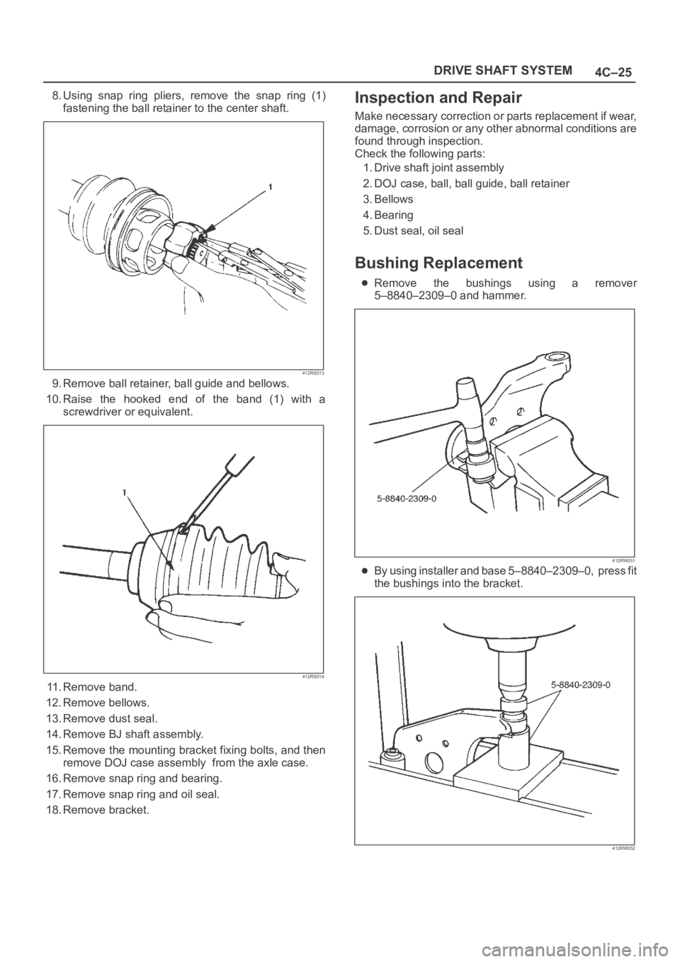 OPEL FRONTERA 1998 Workshop Manual 4C–25 DRIVE SHAFT SYSTEM
8. Using snap ring pliers, remove the snap ring (1)
fastening the ball retainer to the center shaft.
412RS013
9. Remove ball retainer, ball guide and bellows.
10. Ra OPEL FRONTERA 1998 Workshop Manual 4C–25 DRIVE SHAFT SYSTEM
8. Using snap ring pliers, remove the snap ring (1)
fastening the ball retainer to the center shaft.
412RS013
9. Remove ball retainer, ball guide and bellows.
10. Ra