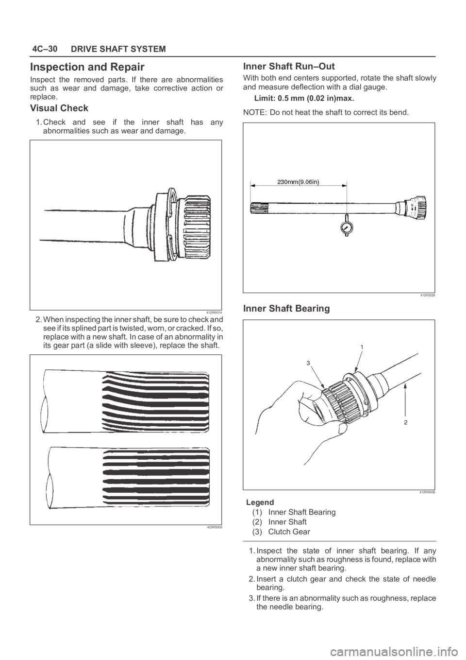 OPEL FRONTERA 1998 Workshop Manual 4C–30
DRIVE SHAFT SYSTEM
Inspection and Repair
Inspect the removed parts. If there are abnormalities
such as wear and damage, take corrective action or
replace.
Visual Check
1. Check OPEL FRONTERA 1998 Workshop Manual 4C–30
DRIVE SHAFT SYSTEM
Inspection and Repair
Inspect the removed parts. If there are abnormalities
such as wear and damage, take corrective action or
replace.
Visual Check
1. Check