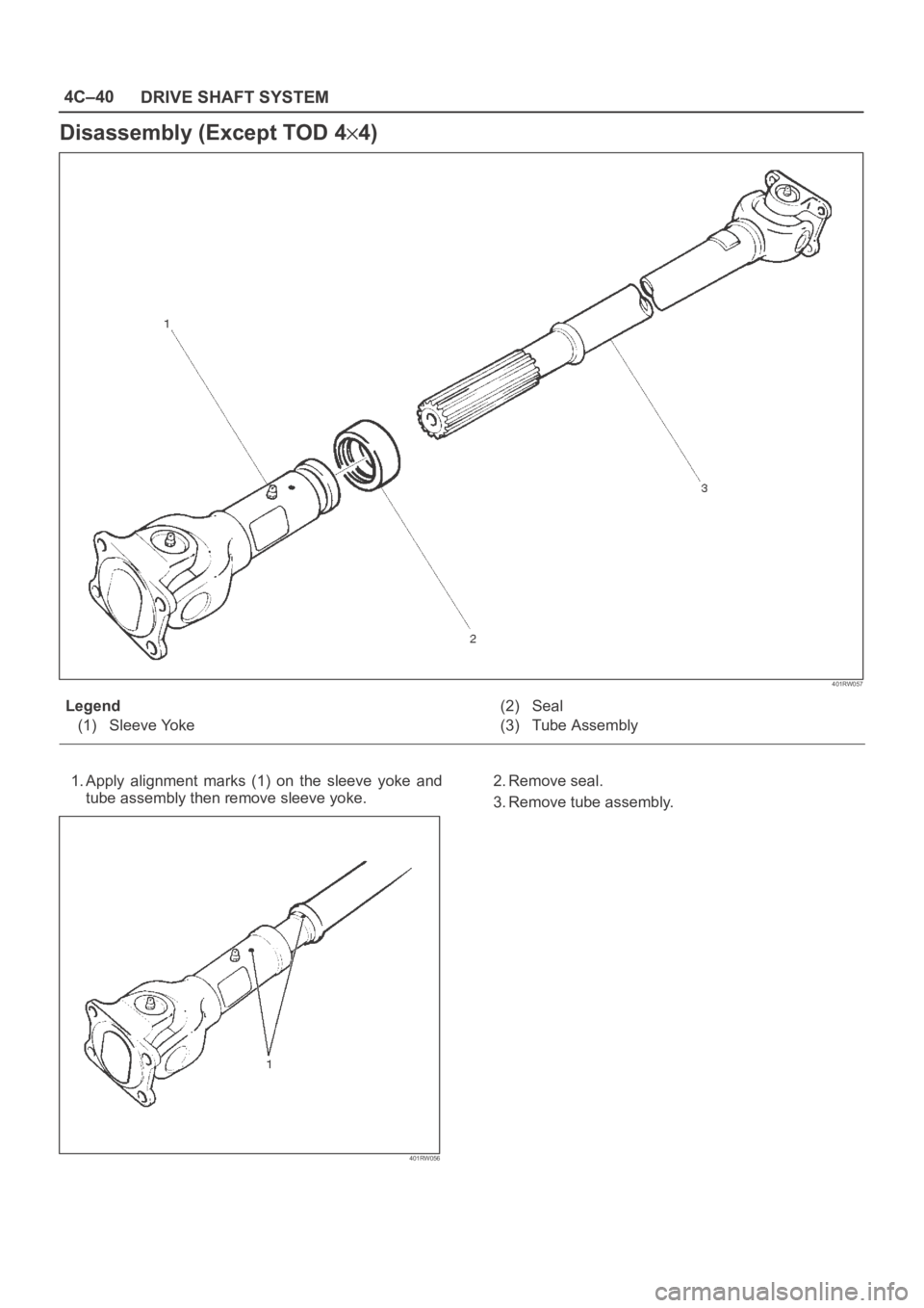 OPEL FRONTERA 1998  Workshop Manual 4C–40
DRIVE SHAFT SYSTEM
Disassembly (Except TOD 44)
401RW057
Legend
(1) Sleeve Yoke(2) Seal
(3) Tube Assembly
1. Apply  alignment  marks  (1)  on  the  sleeve  yoke  and
tube assembly then remove s