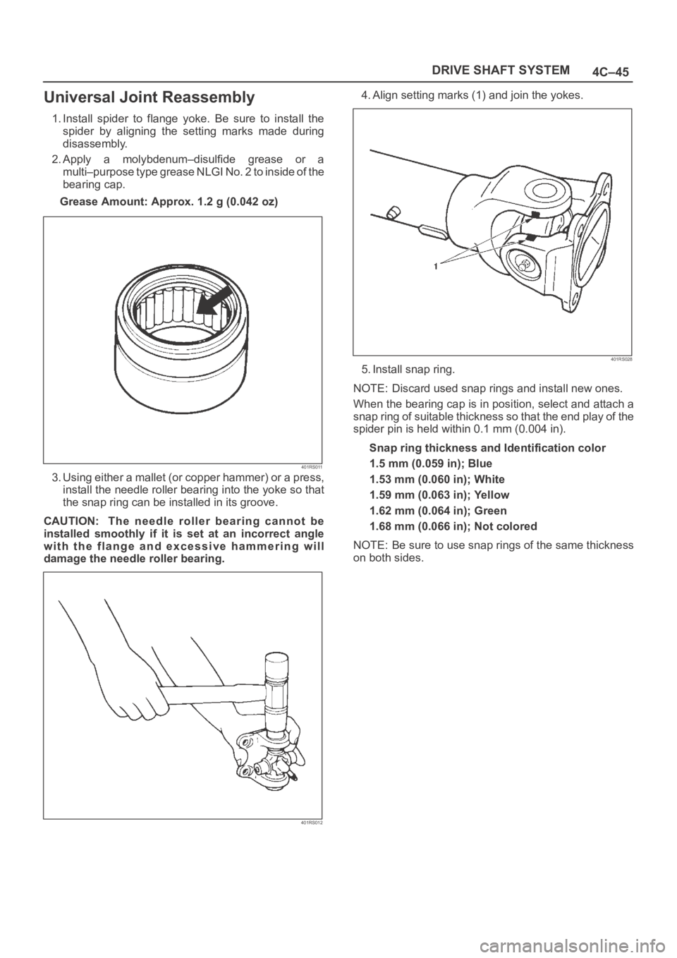 OPEL FRONTERA 1998 Workshop Manual 4C–45 DRIVE SHAFT SYSTEM
Universal Joint Reassembly
1. Install spider to flange yoke. Be sure to install the
spider by aligning the setting marks made during
disassembly.
2. Apply a OPEL FRONTERA 1998 Workshop Manual 4C–45 DRIVE SHAFT SYSTEM
Universal Joint Reassembly
1. Install spider to flange yoke. Be sure to install the
spider by aligning the setting marks made during
disassembly.
2. Apply a