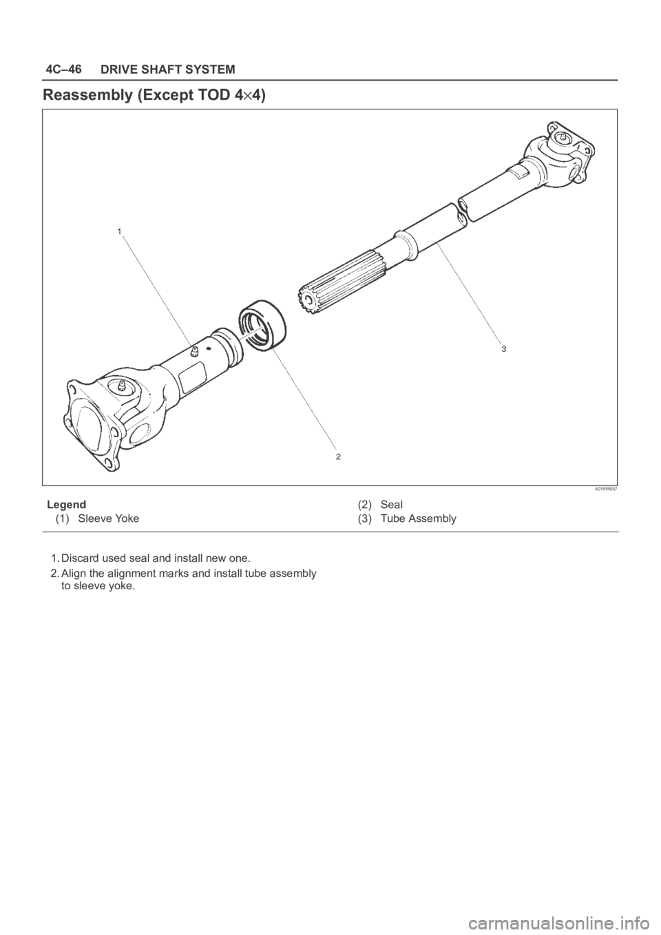 OPEL FRONTERA 1998  Workshop Manual 4C–46
DRIVE SHAFT SYSTEM
Reassembly (Except TOD 44)
401RW057
Legend
(1) Sleeve Yoke(2) Seal
(3) Tube Assembly
1. Discard used seal and install new one.
2. Align the alignment marks and install tube 