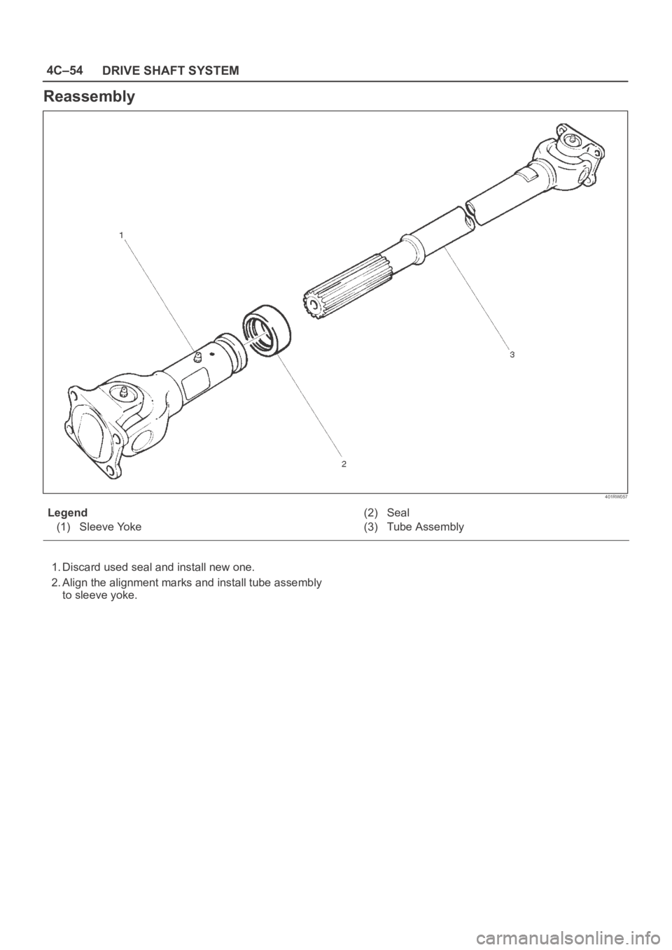 OPEL FRONTERA 1998  Workshop Manual 4C–54
DRIVE SHAFT SYSTEM
Reassembly
401RW057
Legend
(1) Sleeve Yoke(2) Seal
(3) Tube Assembly
1. Discard used seal and install new one.
2. Align the alignment marks and install tube assembly
to slee