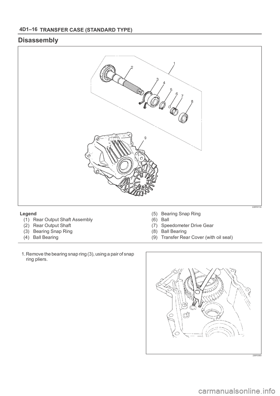 OPEL FRONTERA 1998  Workshop Manual 4D1–16
TRANSFER CASE (STANDARD TYPE)
Disassembly
226RW154
Legend
(1) Rear Output Shaft Assembly
(2) Rear Output Shaft
(3) Bearing Snap Ring
(4) Ball Bearing(5) Bearing Snap Ring
(6) Ball
(7) Speedom